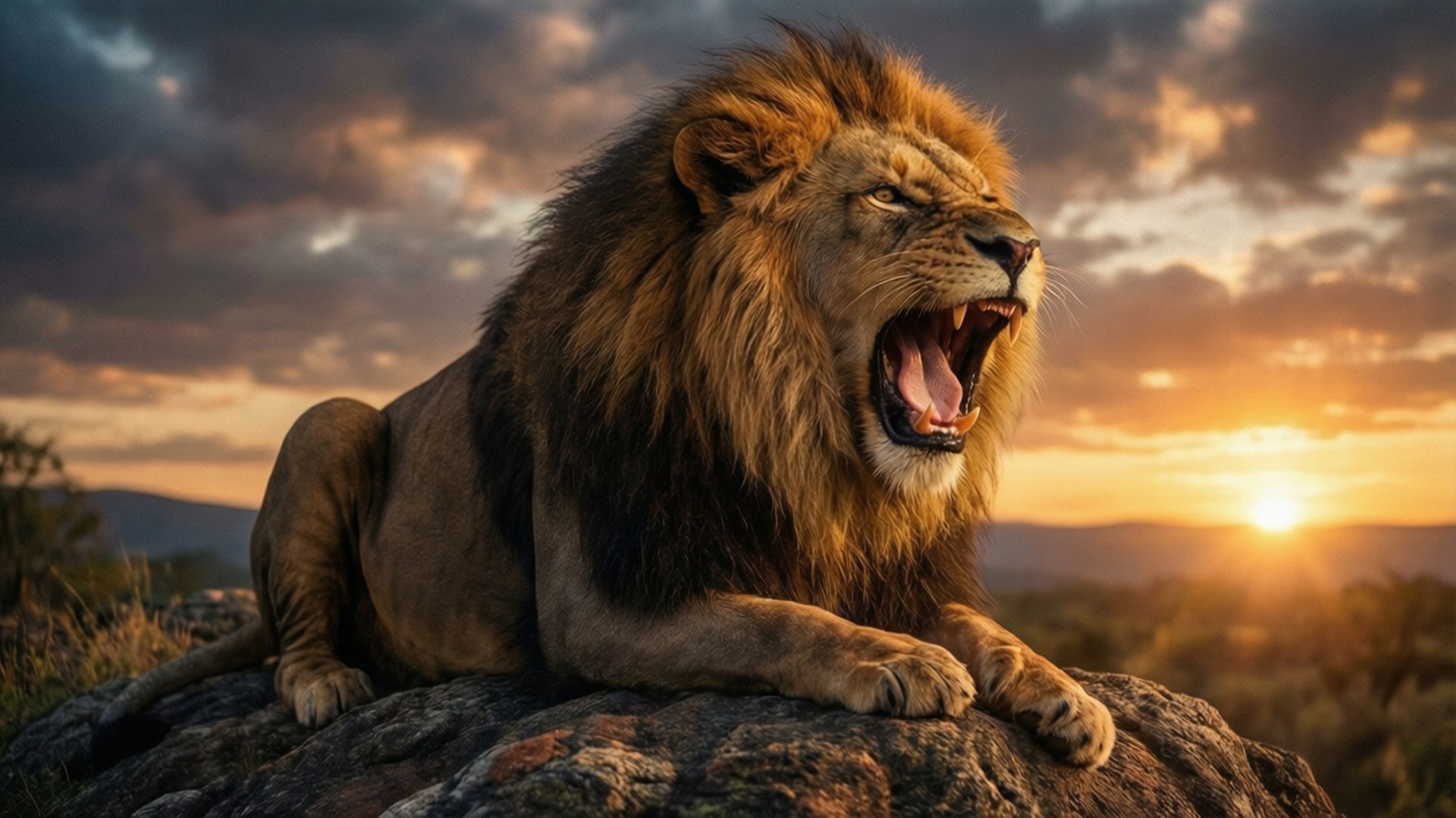 Lion Roar at Sunset 壁紙 — 一頭雄偉的雄獅，擁有完整的金色鬃毛，在岩石露頭上強力咆哮，夕陽在他身後落下，將溫暖的光芒灑向大草原。