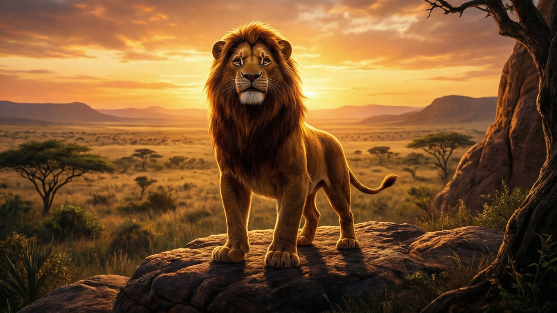 Simba King at Dawn 壁紙 — 一頭雄偉的雄獅站在日落時分金色稀樹草原的岩石露頭上，在溫暖的橙色天空下形成剪影。