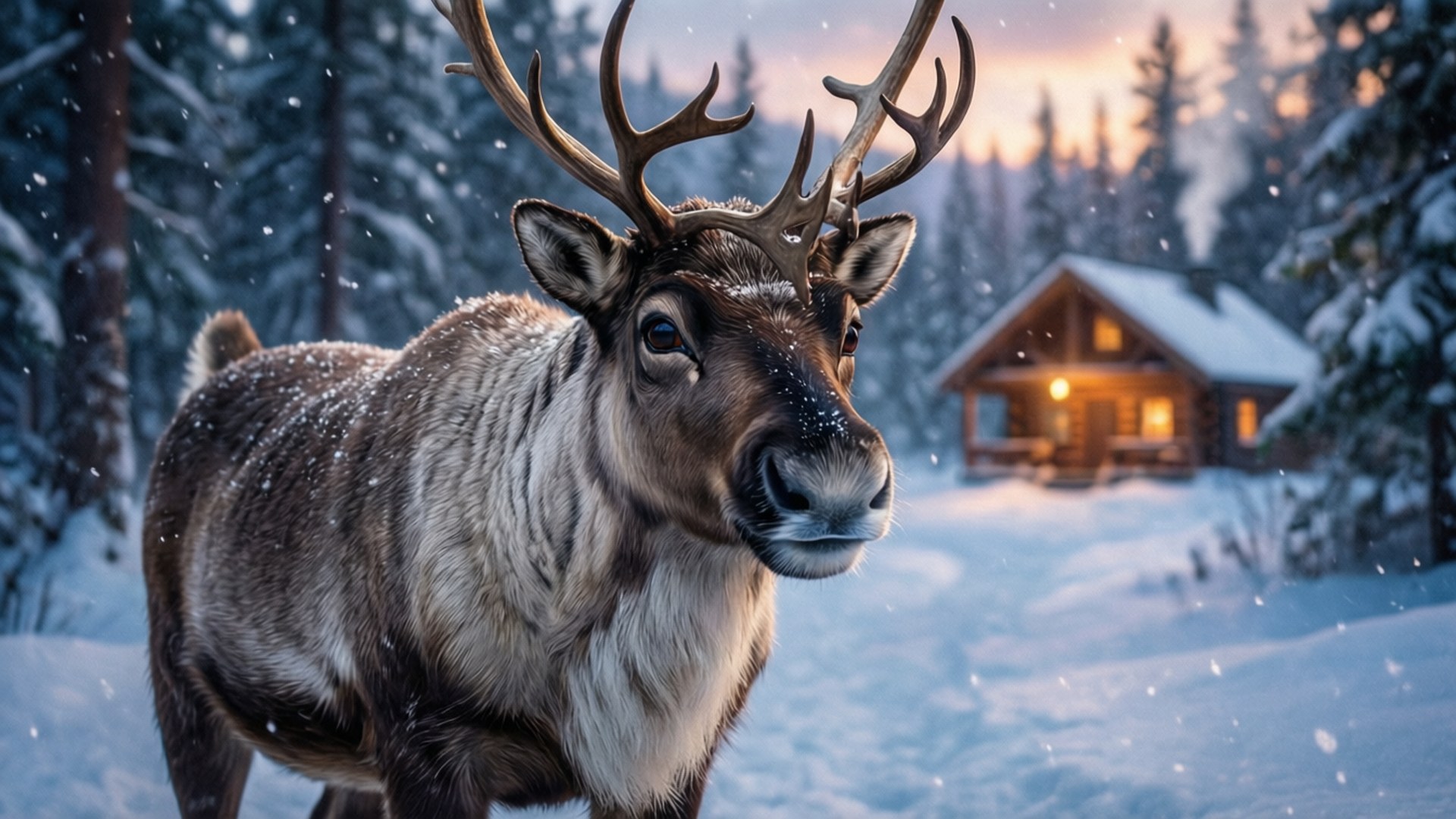 Sven 桌布 壁紙 — 一頭雄偉的馴鹿站在雪地森林中，雪花飄落在背景中溫暖燈光的小屋周圍。