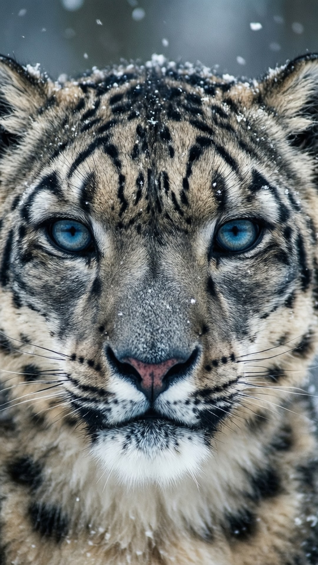 Snow Leopard Gaze 壁紙 — 一頭雪豹在寒冷的山區環境中，雪花灑落在其斑點皮毛上，牠用銳利的藍眼睛專注地凝視著。