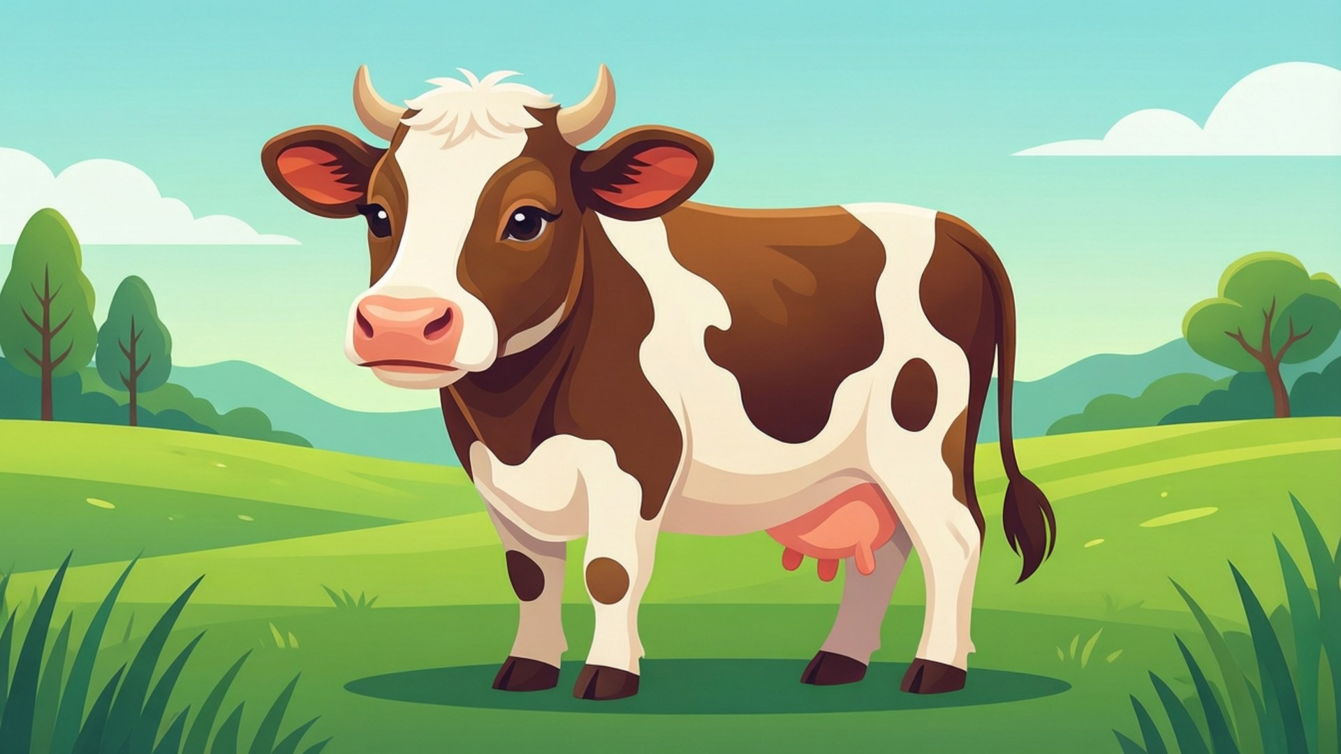 Farm Animal 桌布 壁紙 — 一頭棕色和白色的牛站在充滿活力的綠色牧場上，天空湛藍，白雲朵朵。