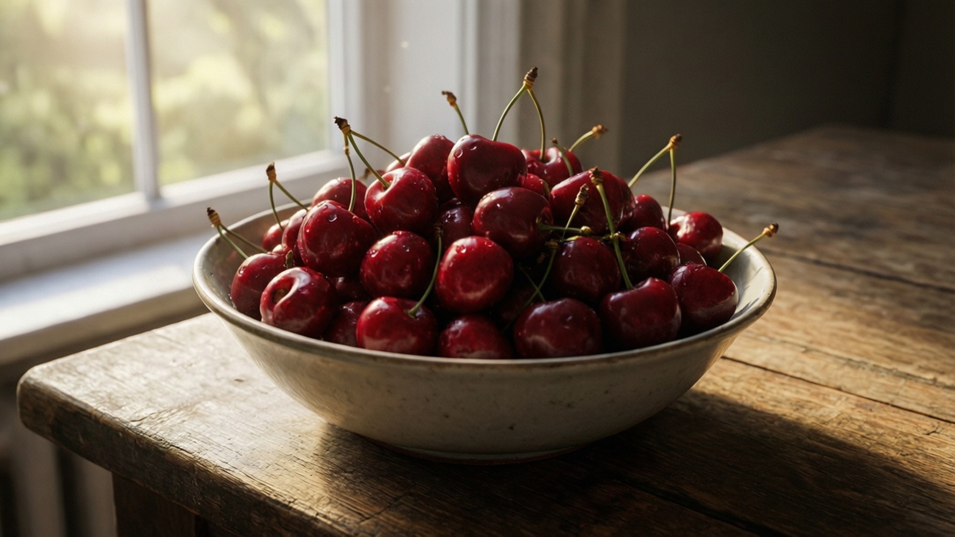 Freshly Picked Cherries 壁紙 — 一碗帶梗的光澤紅櫻桃放在一張經風化的木桌上，沐浴在附近窗戶透進的柔和自然光中。