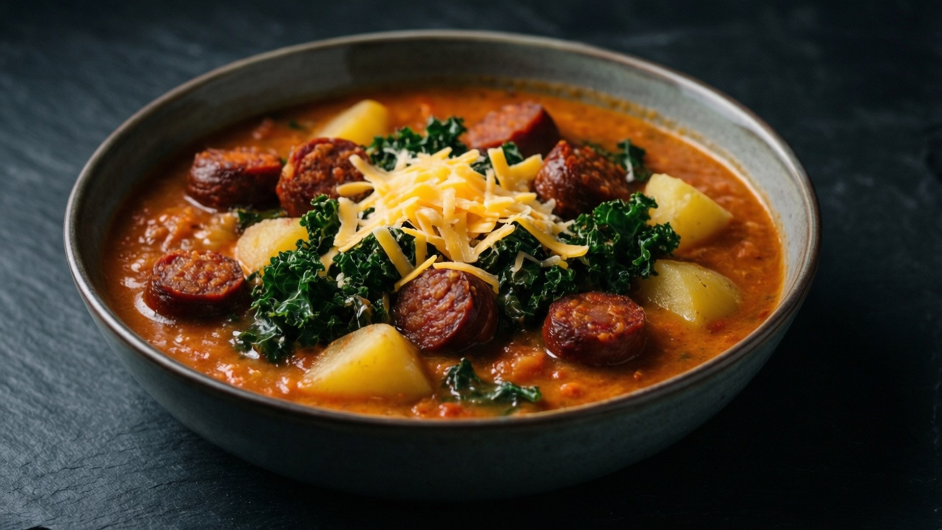 Spicy Chorizo Potato Chowder 壁紙 — 一碗豐盛的香腸羽衣甘藍馬鈴薯燉菜，上面撒有切碎起司，放在深色石板表面上。