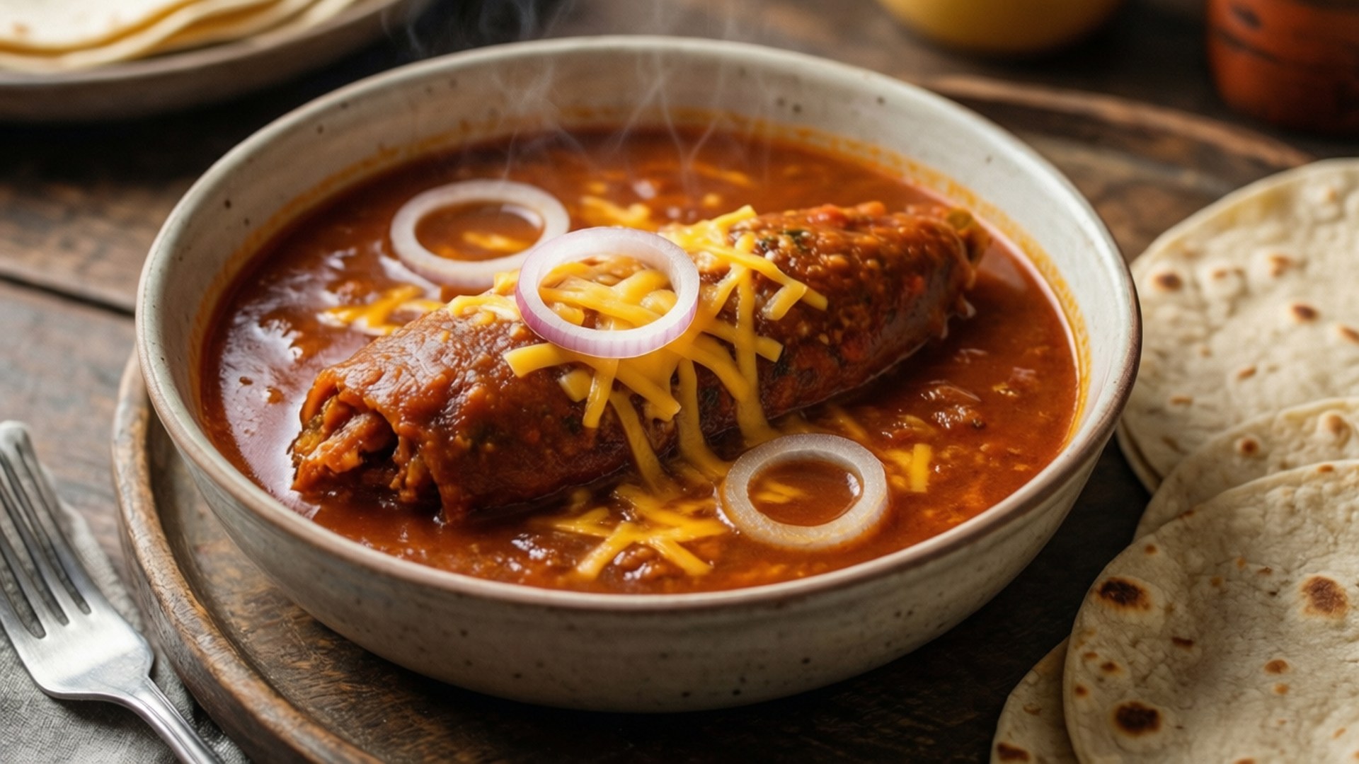 Chili Relleno Soup Bowl 壁紙 — 一碗冒著熱氣的濃郁紅色辣醬玉米餅，上面鋪滿融化起司和洋蔥片，放在鄉村風木桌上，旁邊有玉米餅。