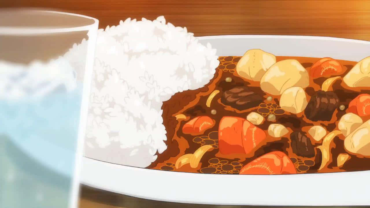  壁紙 — 一碗冒著熱氣的濃郁棕色咖哩，搭配蓬鬆的白飯和色彩繽紛的蔬菜，旁邊放著一杯水，置於木桌上。