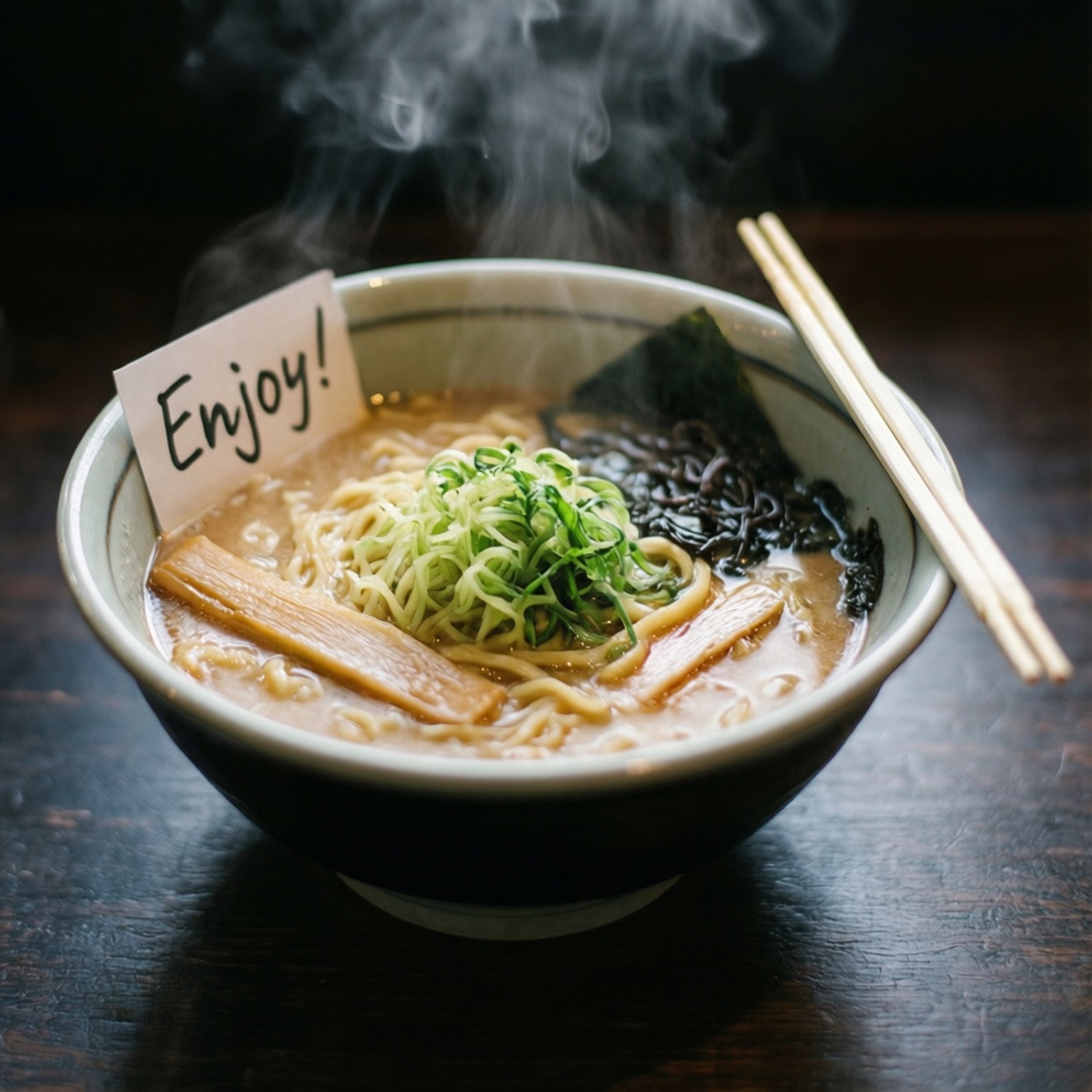 拉麵送達 壁紙 — 一碗冒煙的拉麵，配上筷子和一張手寫的「享受！」便條，放在深色木桌上。