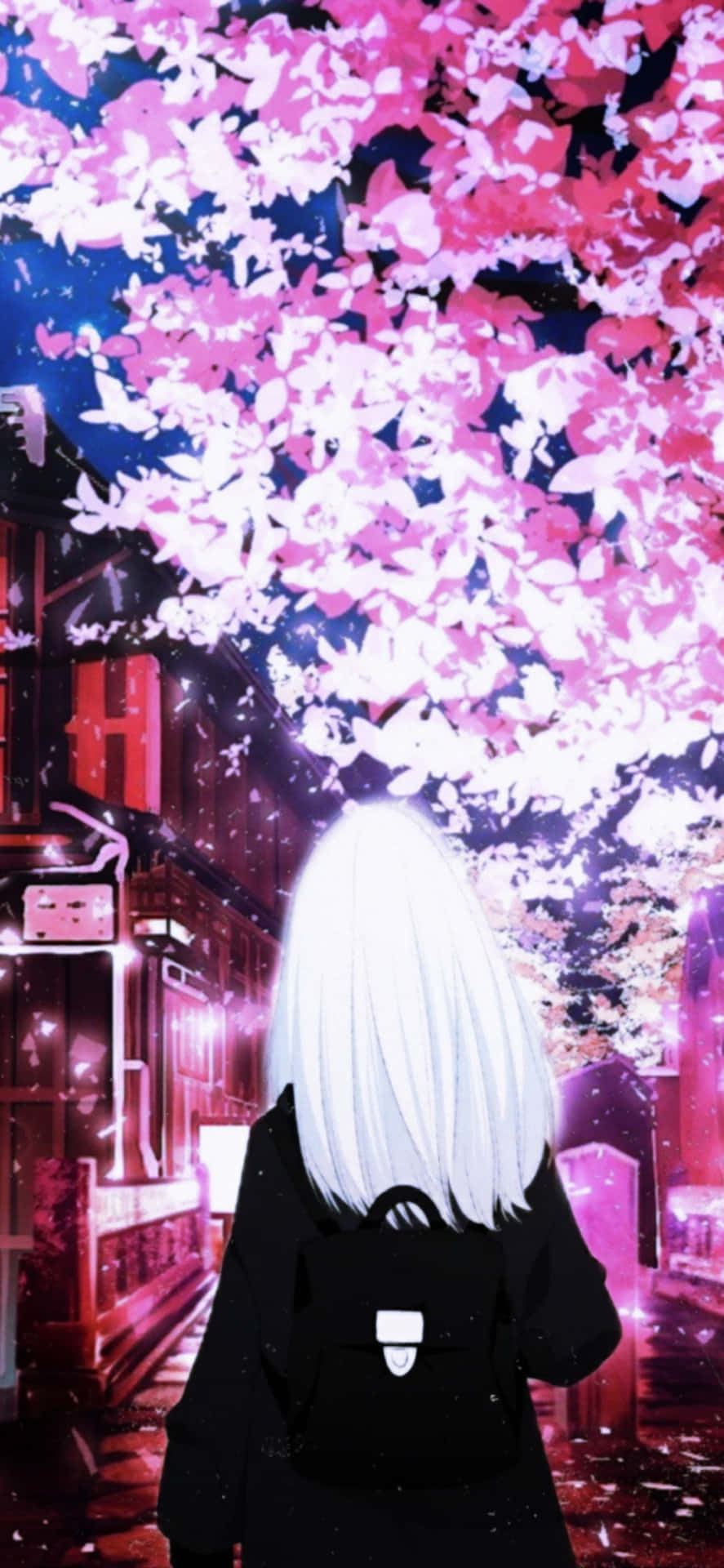  壁紙 — 一位白髮動漫女孩穿著黑色衣服，在夜晚霓虹燈小巷中，走在發光的粉紅色櫻花樹下。