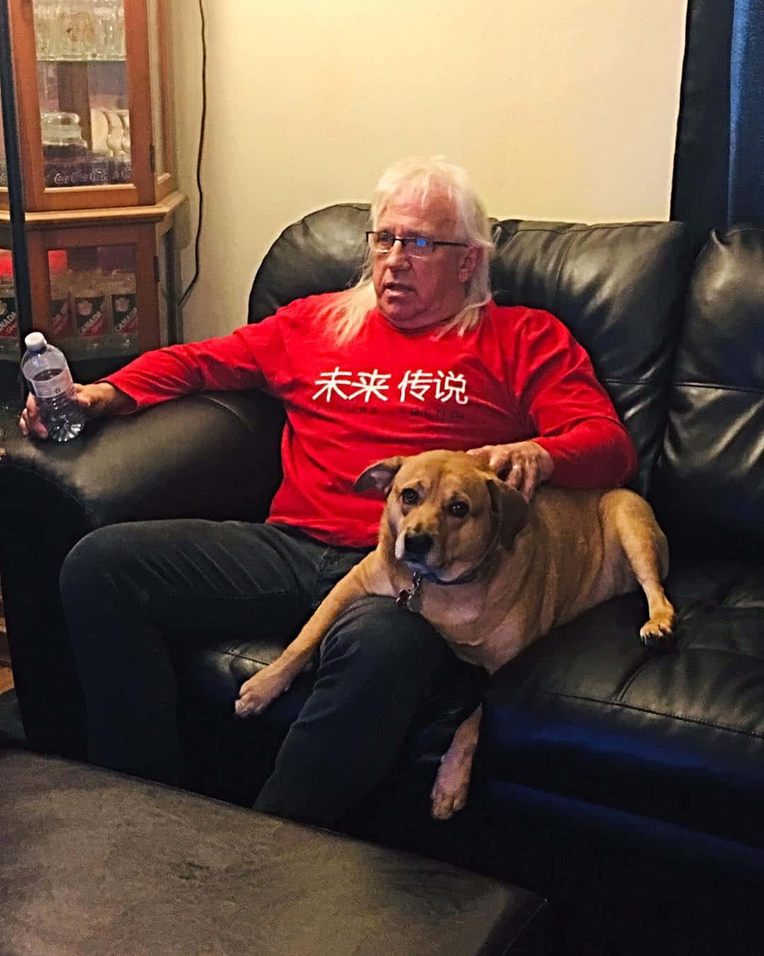  壁紙 — 一位白髮老翁坐在黑色皮沙發上，手持水瓶，同時撫摸旁邊休息的棕狗。