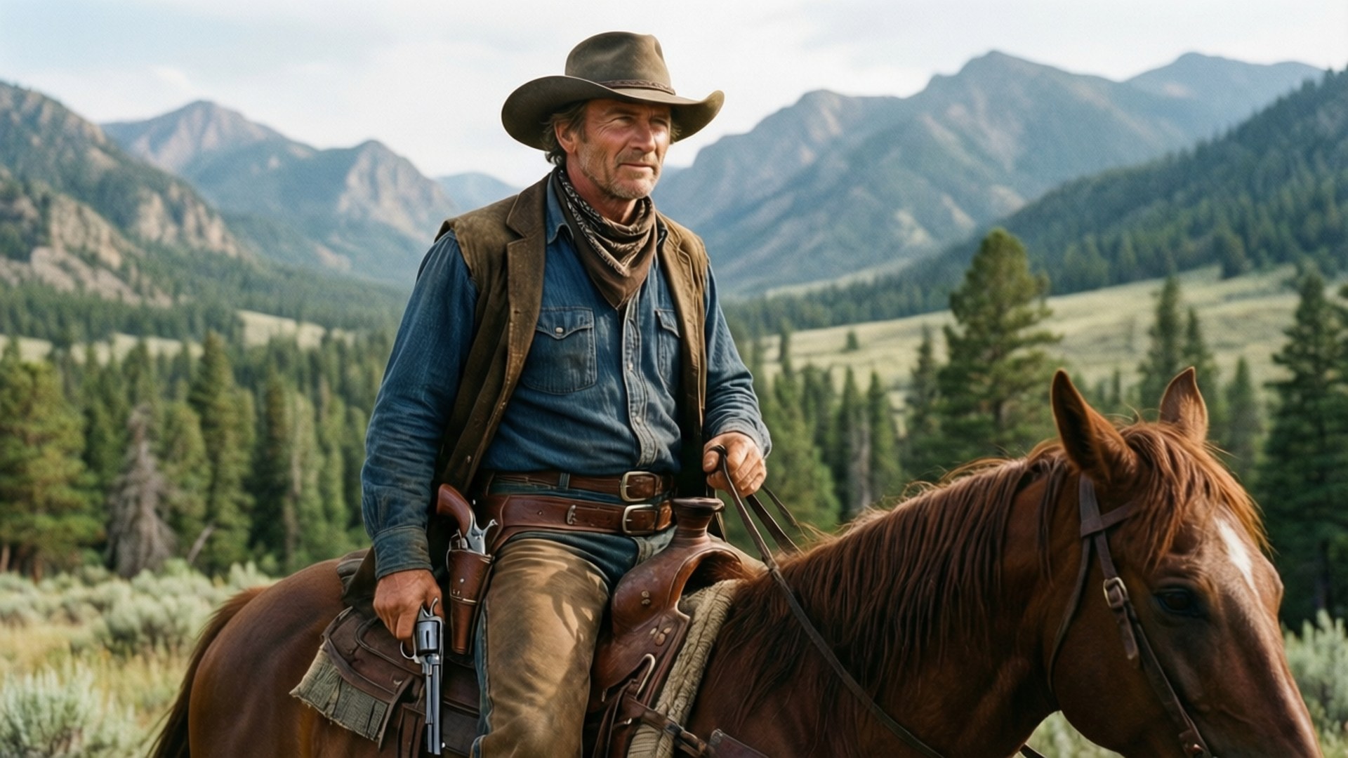 Open Range Cowboy 壁紙 — 一位飽經風霜的牛仔，戴著棕色帽子，穿著牛仔布襯衫，騎著一匹栗色馬穿過陽光明媚的山谷，山谷中有常綠森林。