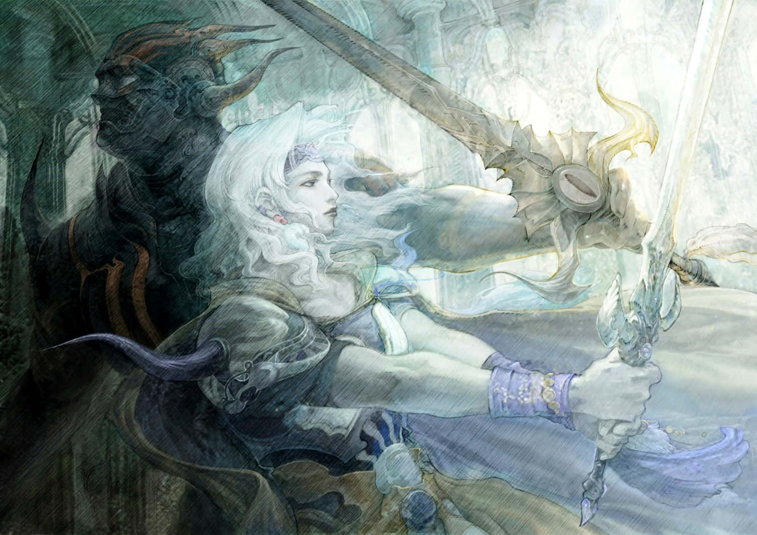  壁紙 — 一位蒼白頭髮的戰士身穿華麗盔甲，在霧氣瀰漫的哥德式大教堂中與有角惡魔交鋒。