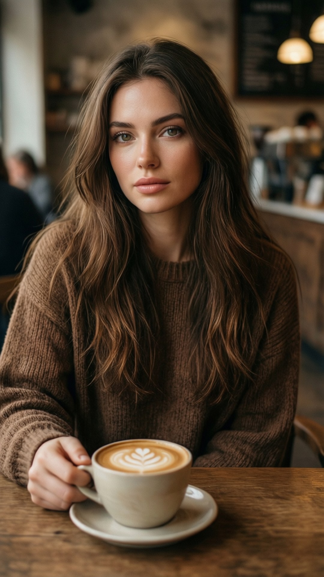 Latte Moment 壁紙 — 一位長髮棕色的年輕女子坐在咖啡館裡，拿著一杯帶有葉子拉花的米色杯子拿鐵。
