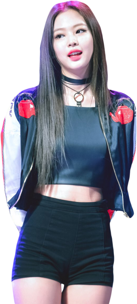 穿著黑色服裝、夾克上有紅色蘋果補丁的K-pop表演者。 — Blackpink 壁紙