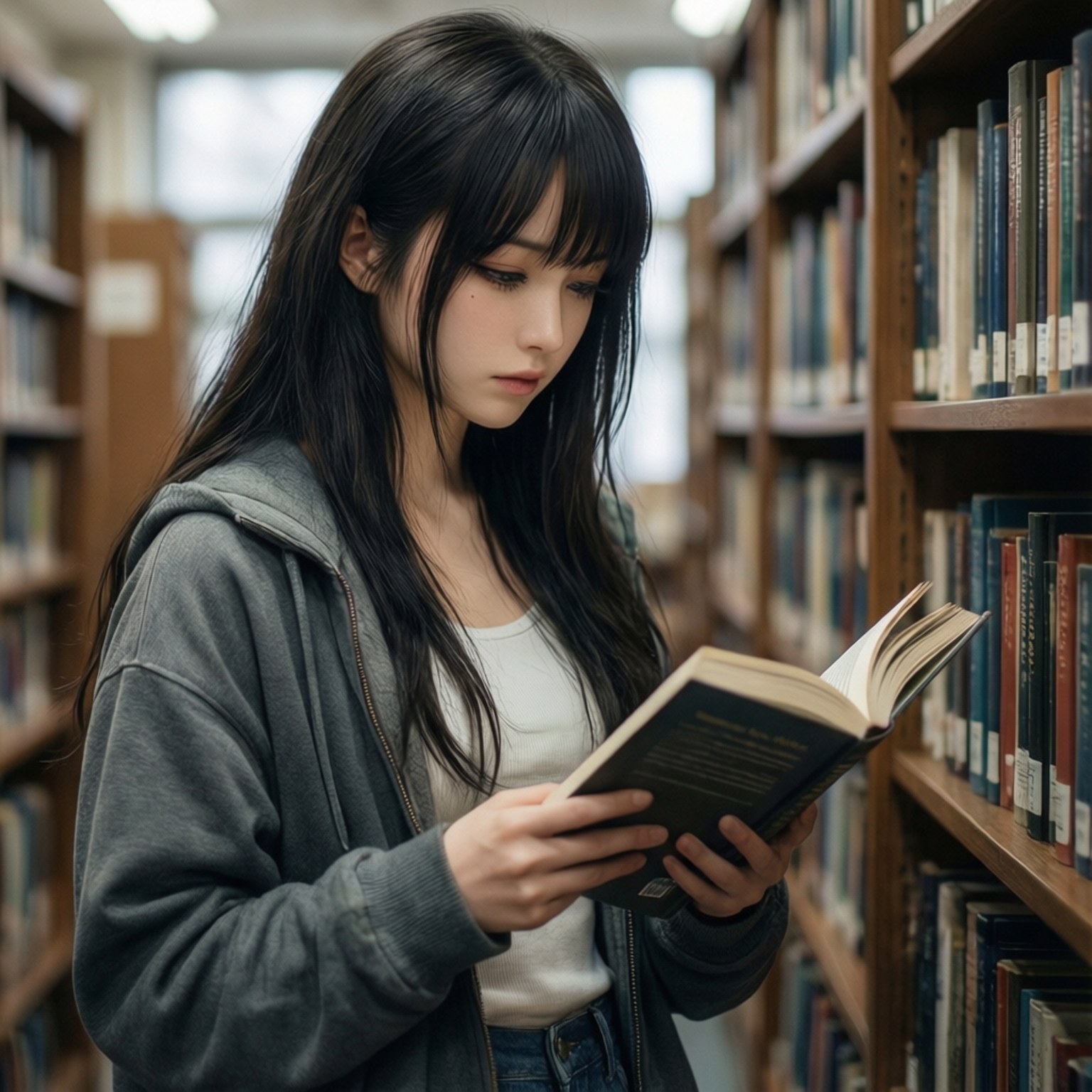 Chizuru Library 壁紙 — 一位長黑髮的年輕女子在一個安靜的圖書館裡看書，周圍是木書架。