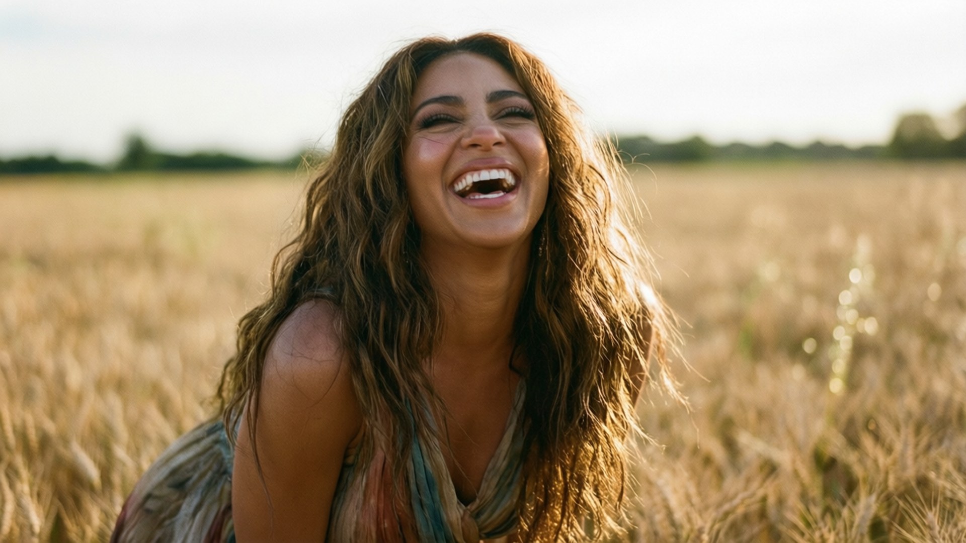 Joy in the Wheat Field 壁紙 — 一位長捲髮的女性在夕陽下的金色麥田裡開懷大笑。