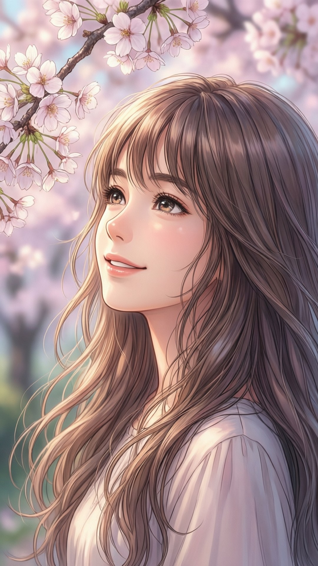 Cherry Blossom Girl 壁紙 — 一位長著棕色長髮的年輕女性在盛開的櫻花樹下溫柔微笑，櫻花呈現柔和的粉紅色。