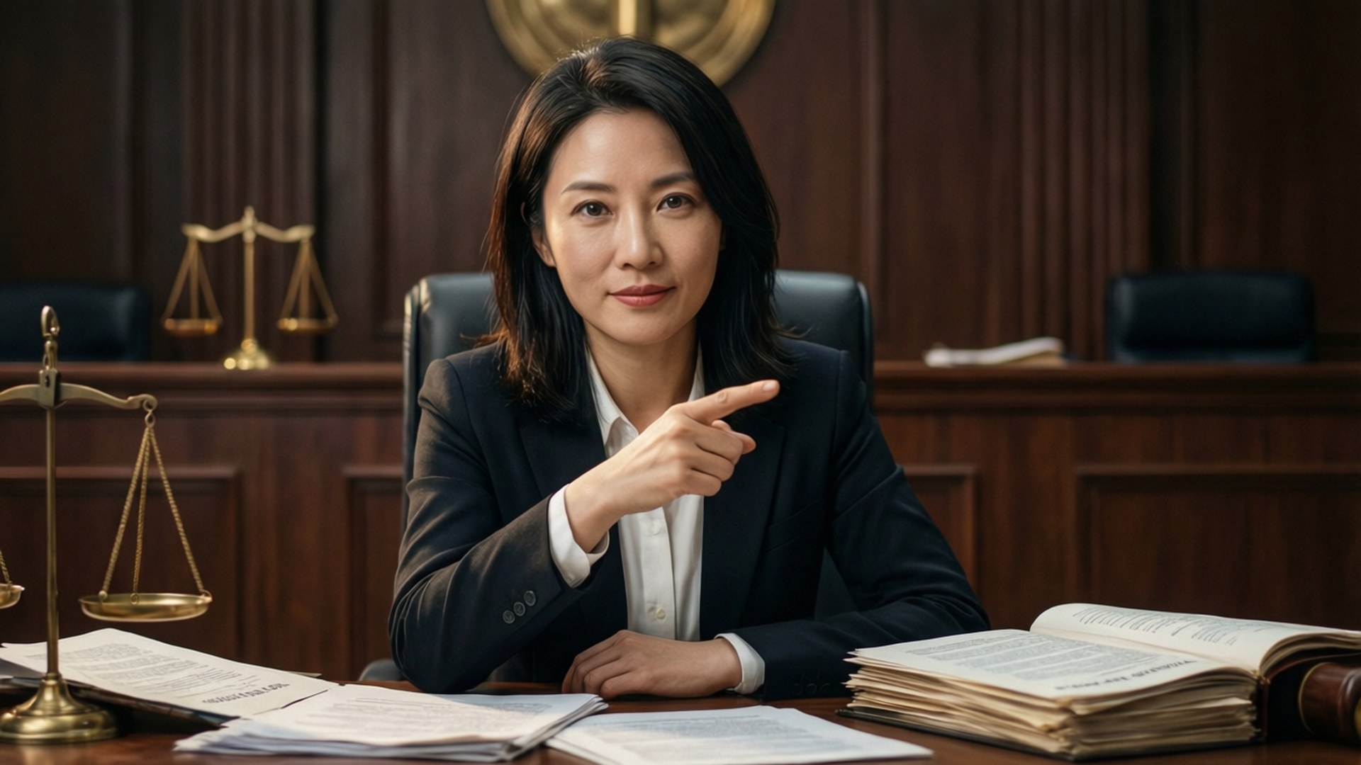 Yanfei 桌布 壁紙 — 一位沉著的女法官在法庭上果斷地指向觀眾，周圍是法律書籍和金色天平。