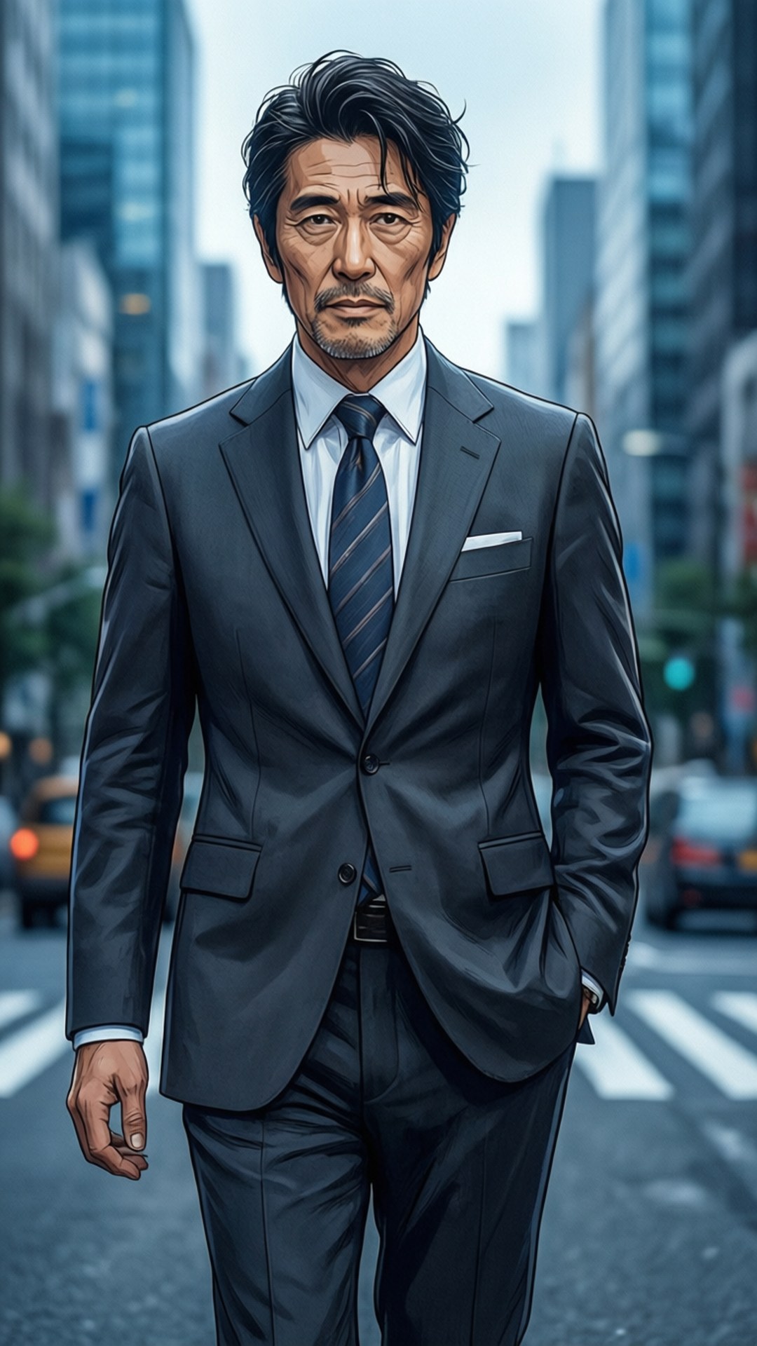 City Gentleman 壁紙 — 一位成熟的商人身穿俐落的深色西裝，自信地走在繁華的城市街道上，兩旁是高聳的摩天大樓。