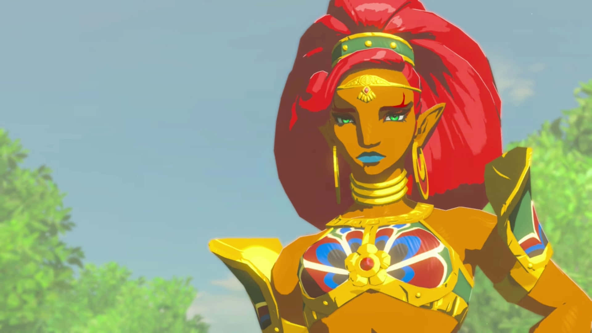 The Legend Of Zelda Urbosa 桌布 壁紙 — 一位充滿活力的動漫風格精靈女王，紅髮金甲，自信地站在柔和的藍天和綠葉前。