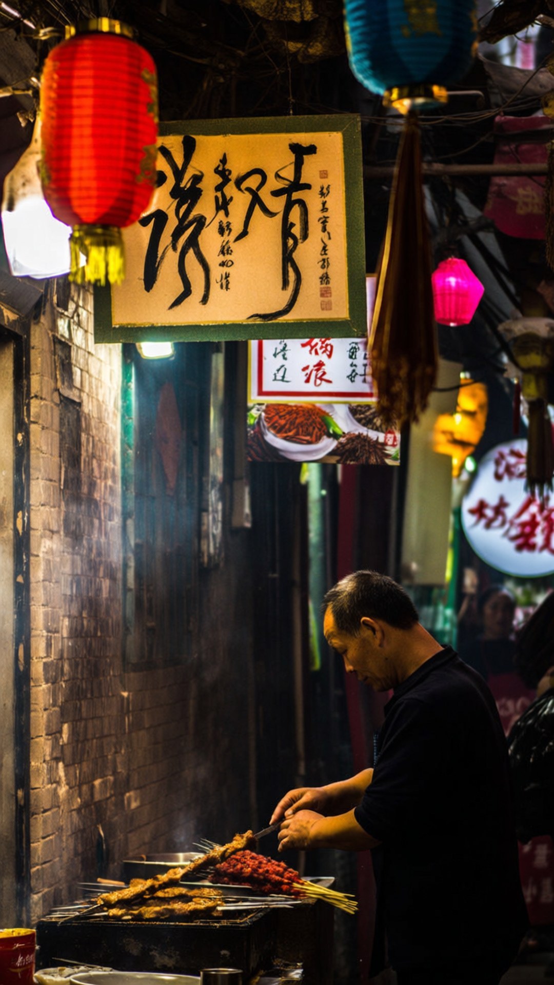Muslim Quarter Alley 壁紙 — 一位廚師在繁忙的夜間小巷中，在發光的紅燈籠下烤著肉串。