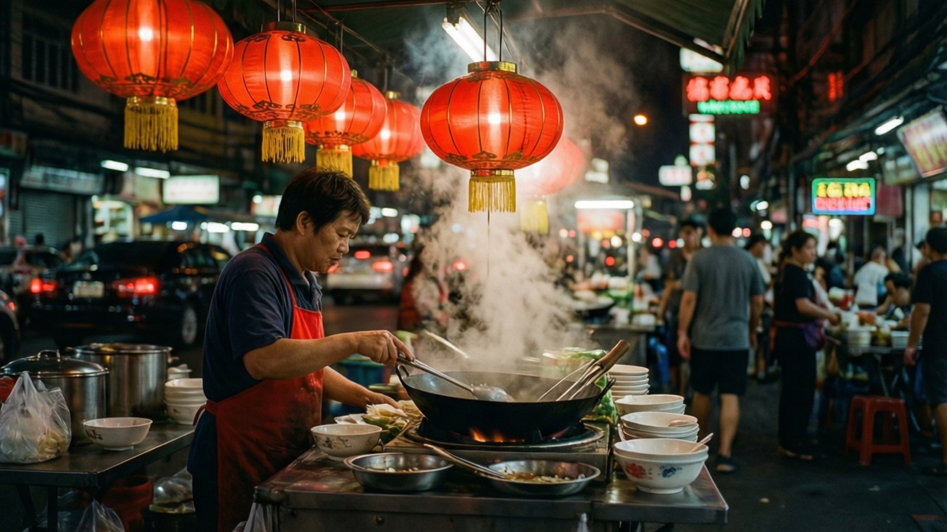 Chinatown Night Food 壁紙 — 一位廚師在熱鬧的夜市小巷中，在發光的紅燈籠下攪拌著冒煙的炒鍋。