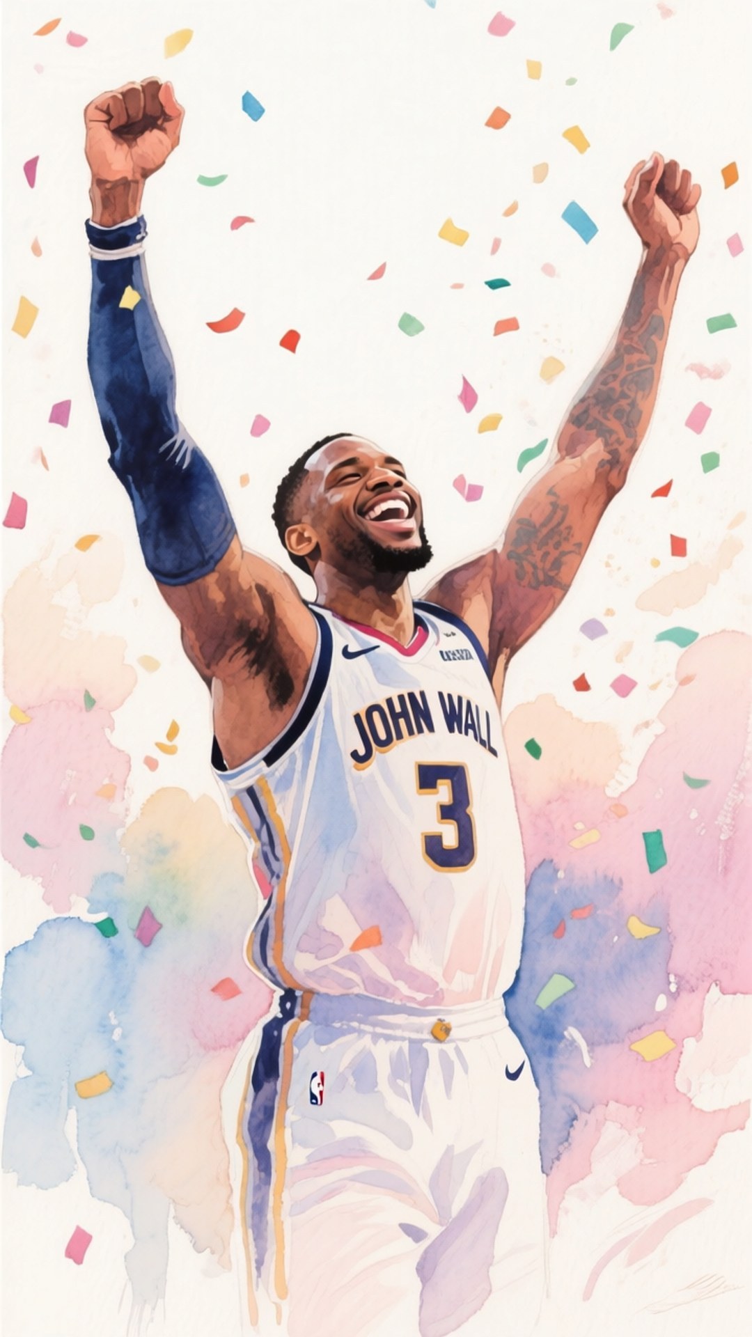 Victory Watercolor Celebration 壁紙 — 一位身穿白色John Wall球衣的快樂籃球運動員在色彩繽紛的紙屑如雨般落下的生動水彩飛濺中舉起拳頭。