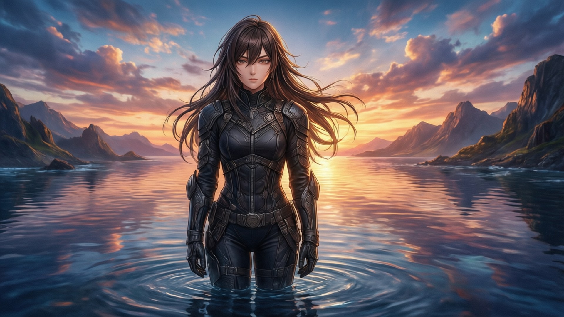 Divine Sea Test 壁紙 — 一位身穿黑色盔甲的女戰士站在平靜的水中，水深及膝，身後 vibrant 的夕陽為天空和山脈染上色彩。