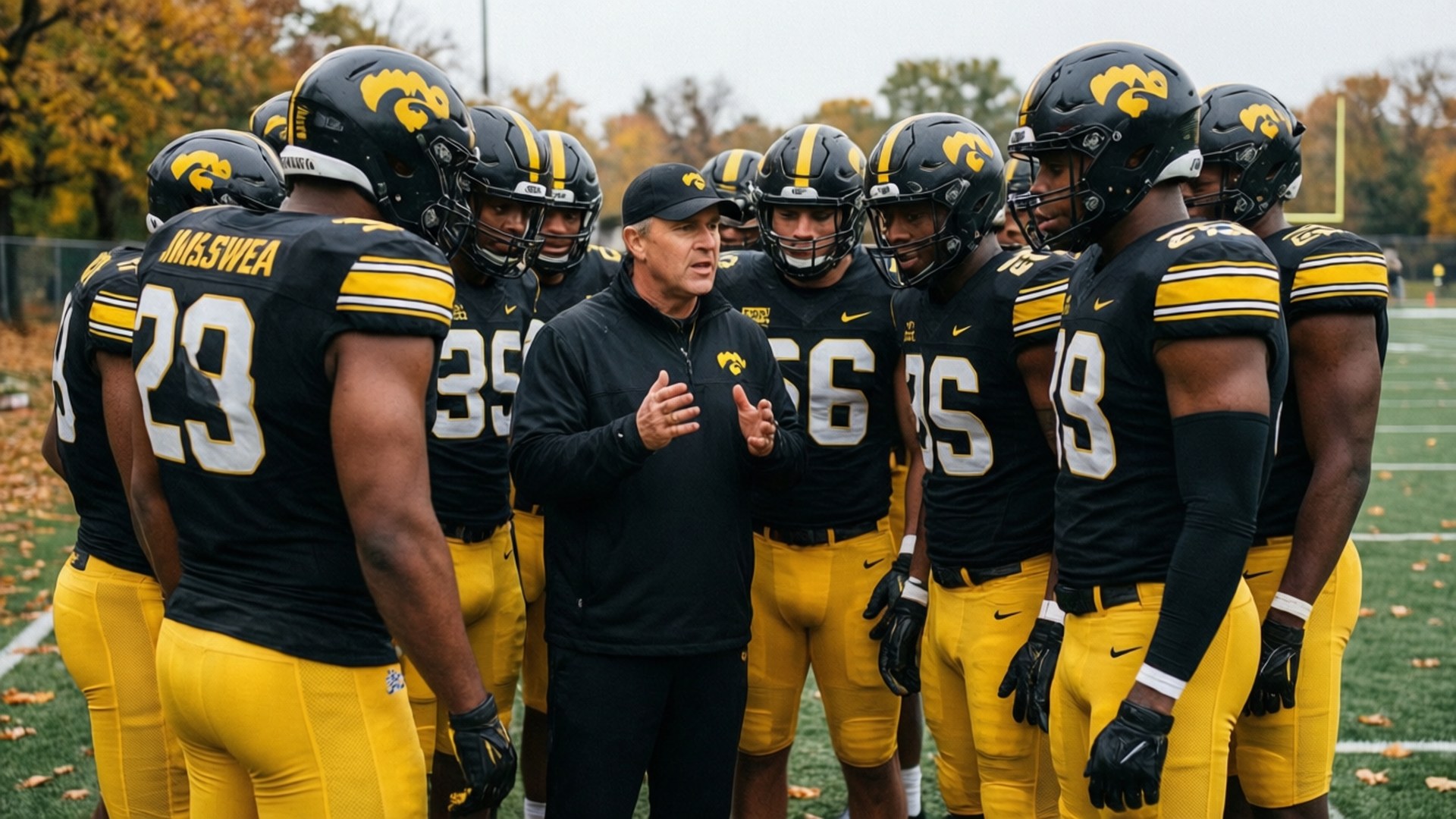 Hawkeyes Team Huddle 壁紙 — 一位身穿黑色衣服的足球教練，在秋樹環繞的球場上，向身穿黑金球衣的球隊講話。
