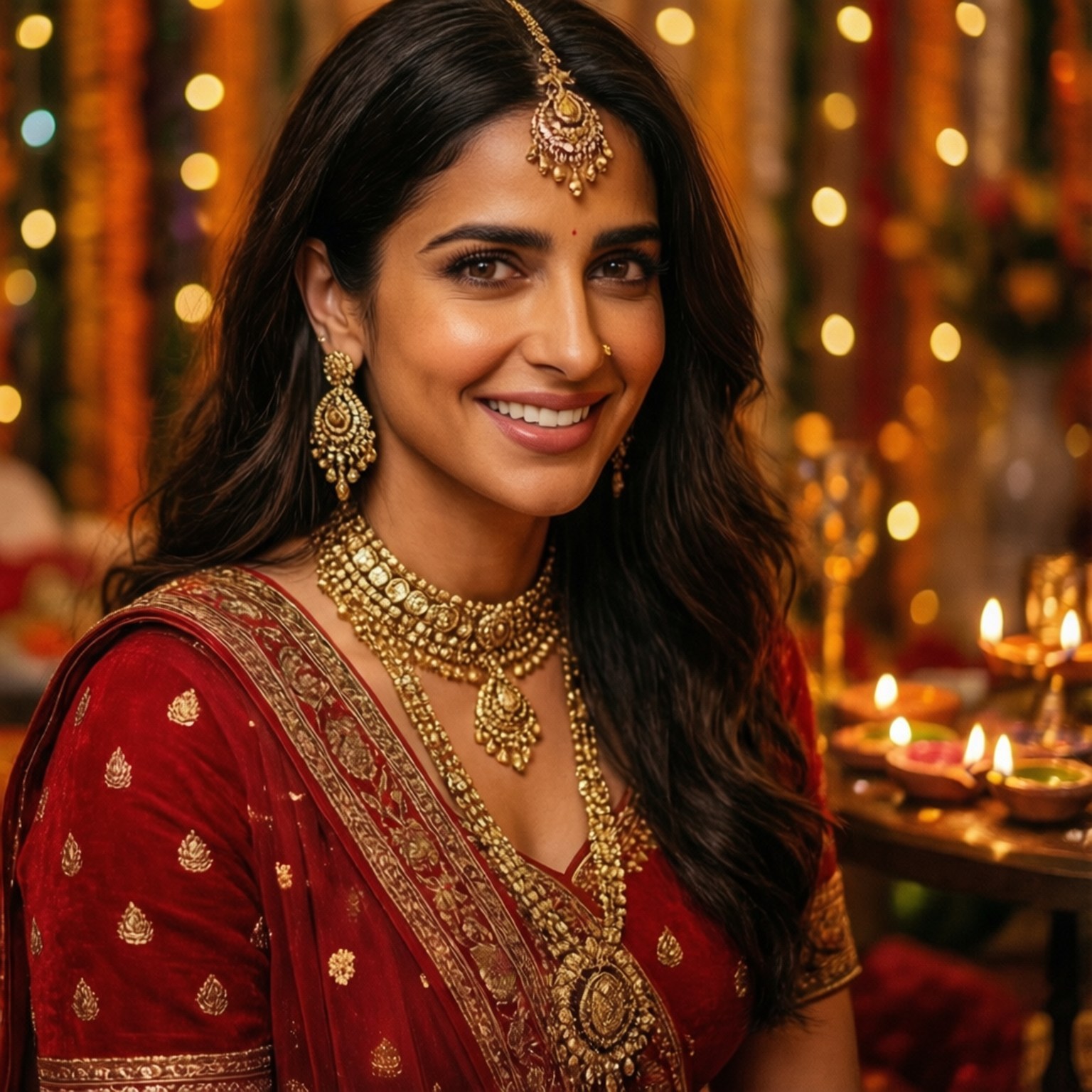 Festive Glow Lehenga 壁紙 — 一位身穿紅色刺繡紗麗、佩戴金色珠寶的容光煥發的女性，在閃爍的燈串和點燃的迪亞節日背景下溫暖地微笑。