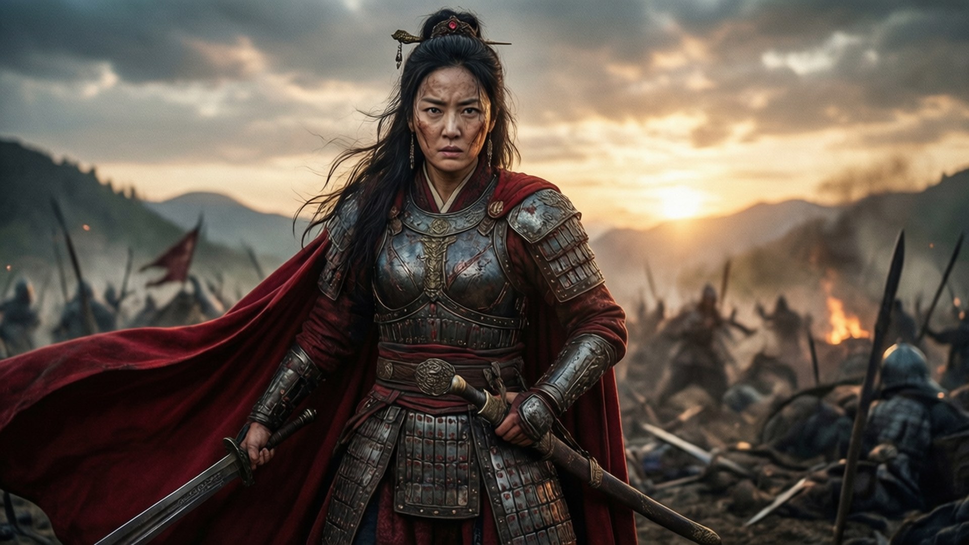 Warrior Queen 壁紙 — 一位身穿華麗盔甲和紅色斗篷的兇猛女戰士，在夕陽下的戰場上，背景有煙霧和士兵，堅定地站立著。