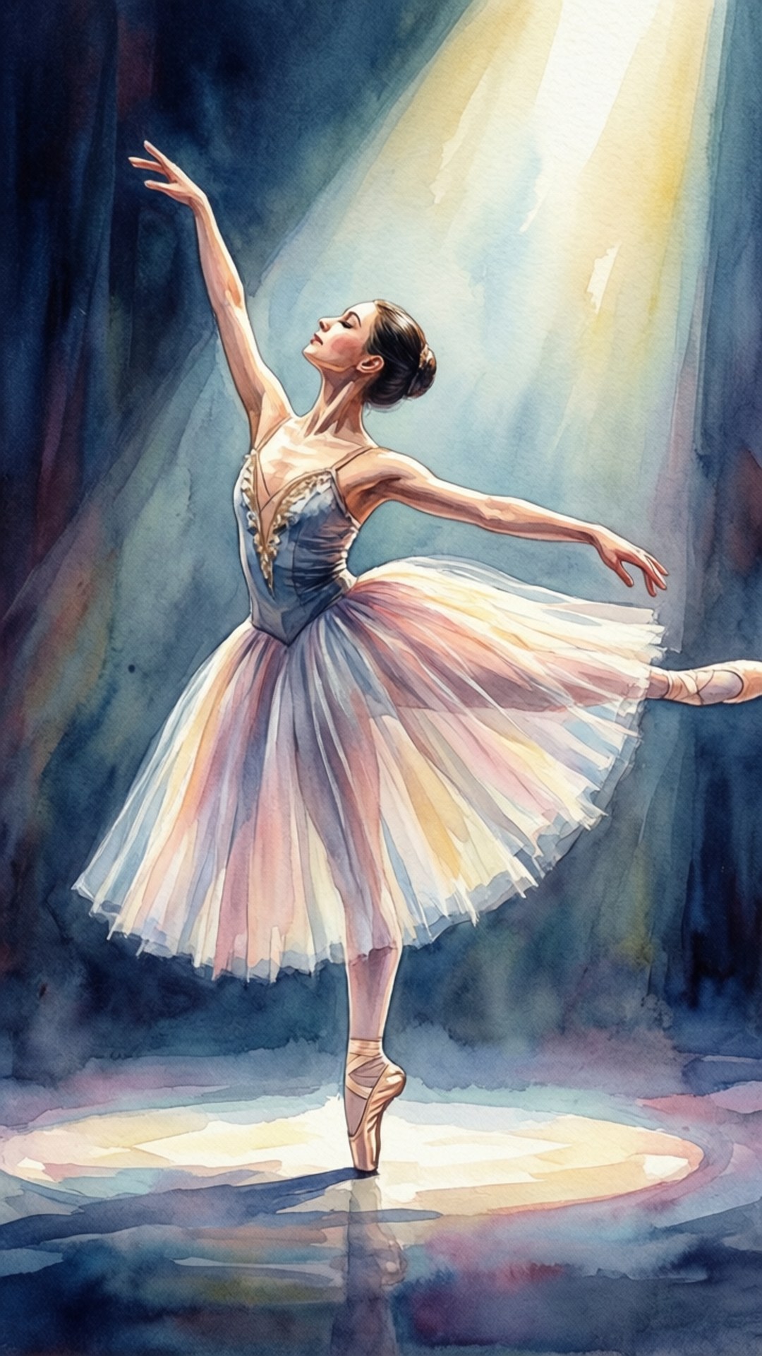 Watercolor Ballerina 壁紙 — 一位穿著粉彩芭蕾舞裙的芭蕾舞者在黑暗舞台上的聚光燈下踮起腳尖，帶有戲劇性的水彩燈光效果。