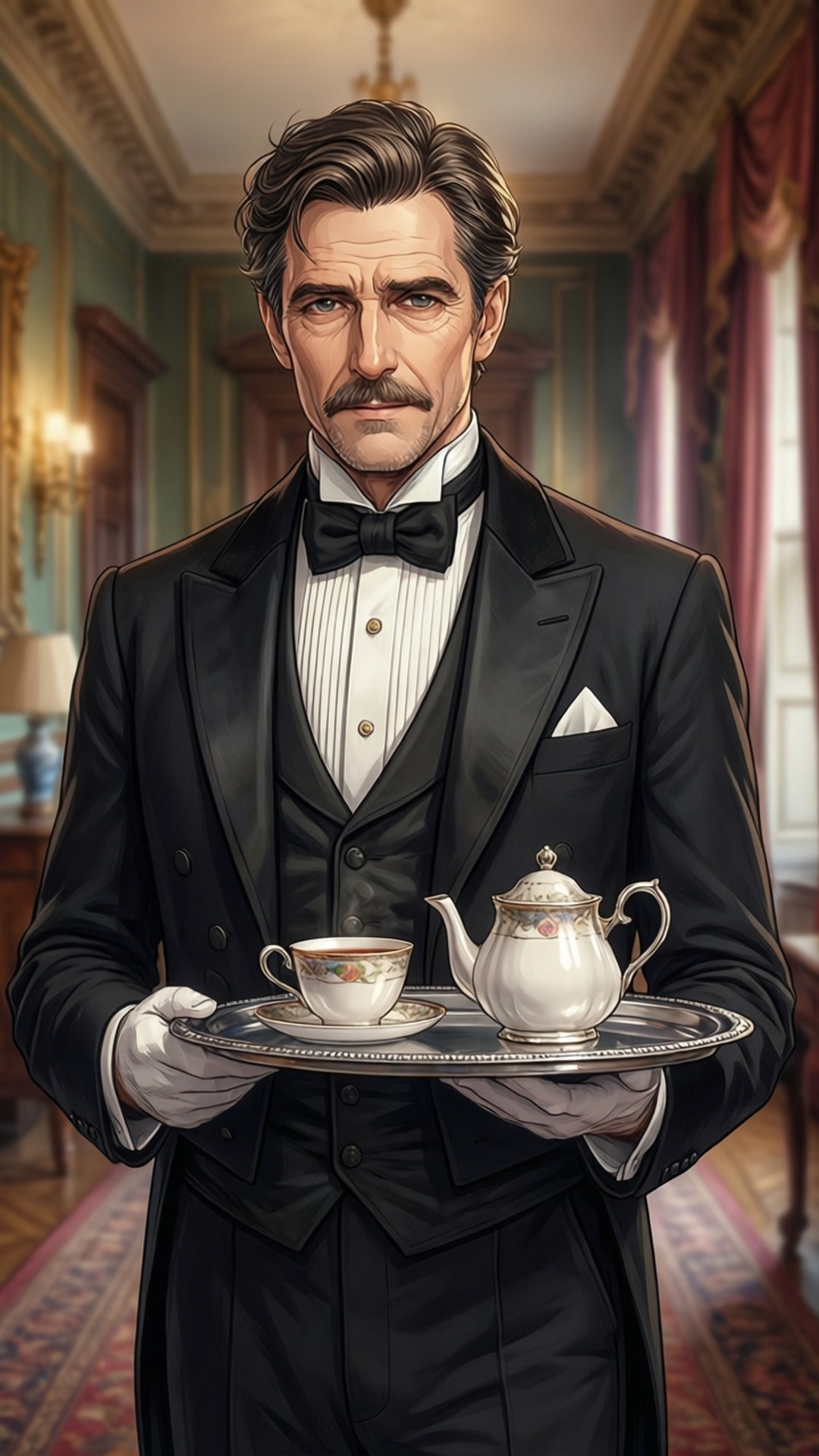 Butler Louis Portrait 壁紙 — 一位穿著黑色燕尾服的優雅管家在豪華大宅走廊中手持銀托盤，上面放著茶壺和茶杯。