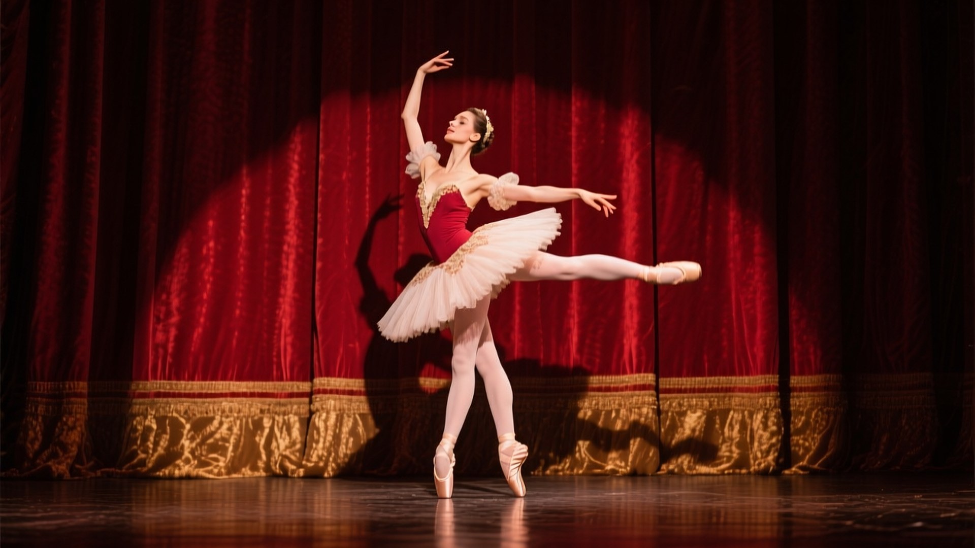 Bolshoi Ballet Star 壁紙 — 一位穿著紅色緊身胸衣和白色芭蕾舞裙的芭蕾舞者在聚光燈下，在華麗的紅色天鵝絨幕布前表演阿拉貝斯克舞姿。