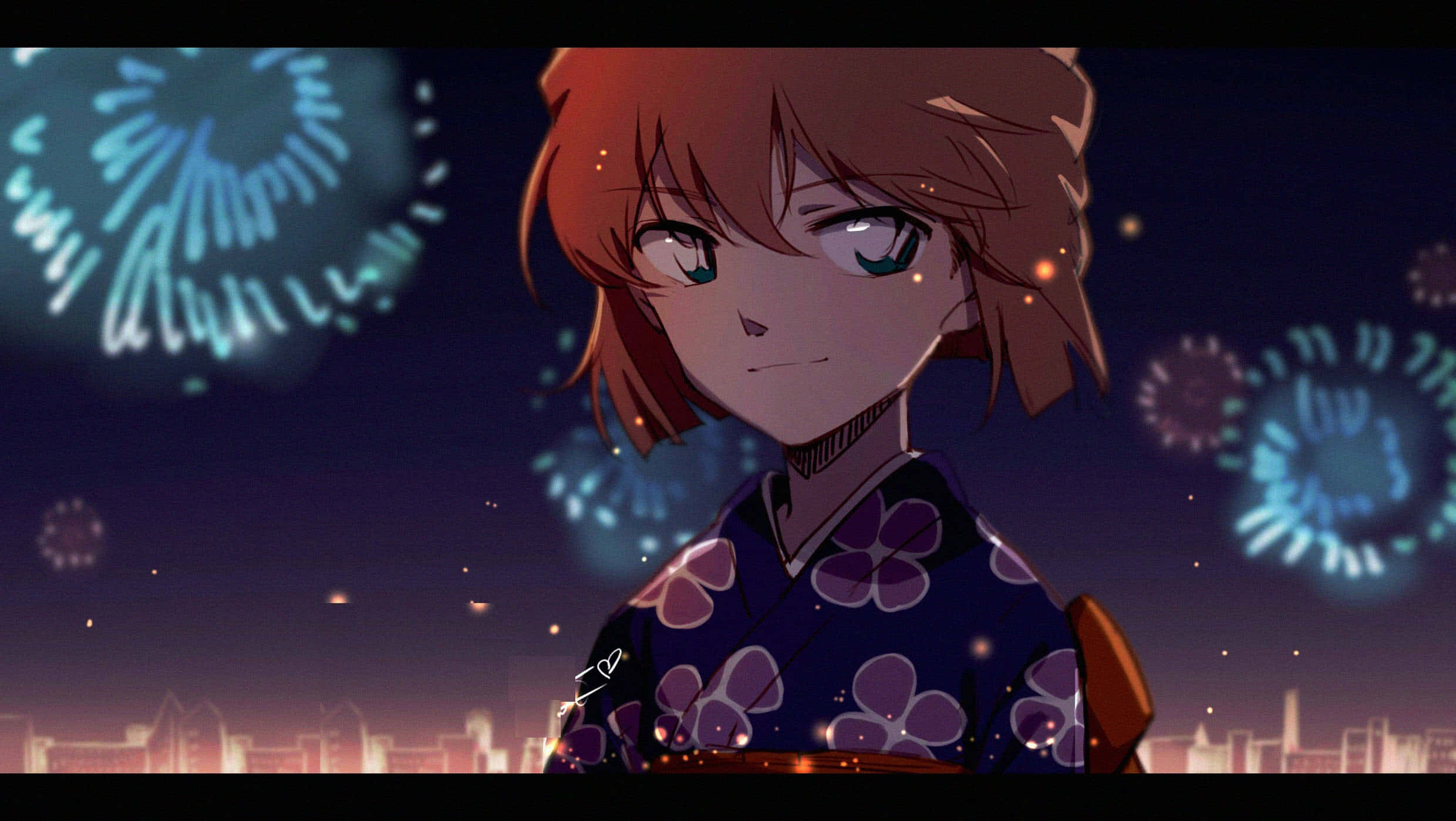 Haibara AI 桌布 壁紙 — 一位穿著花卉和服的年輕動漫女孩，溫柔地凝視著充滿發光藍色煙火和城市燈光的夜空。