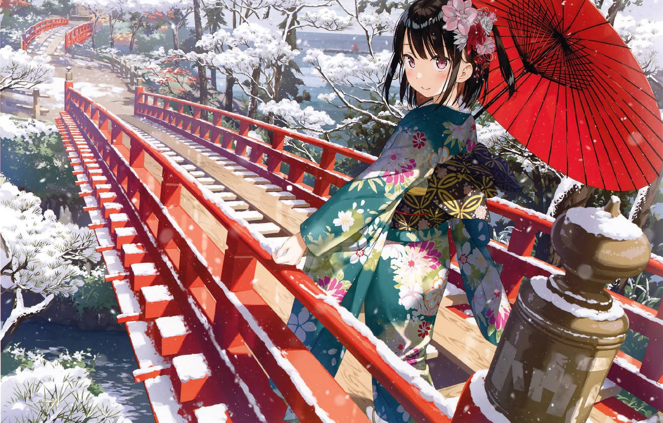 動漫女孩穿和服在雪橋上持紅傘