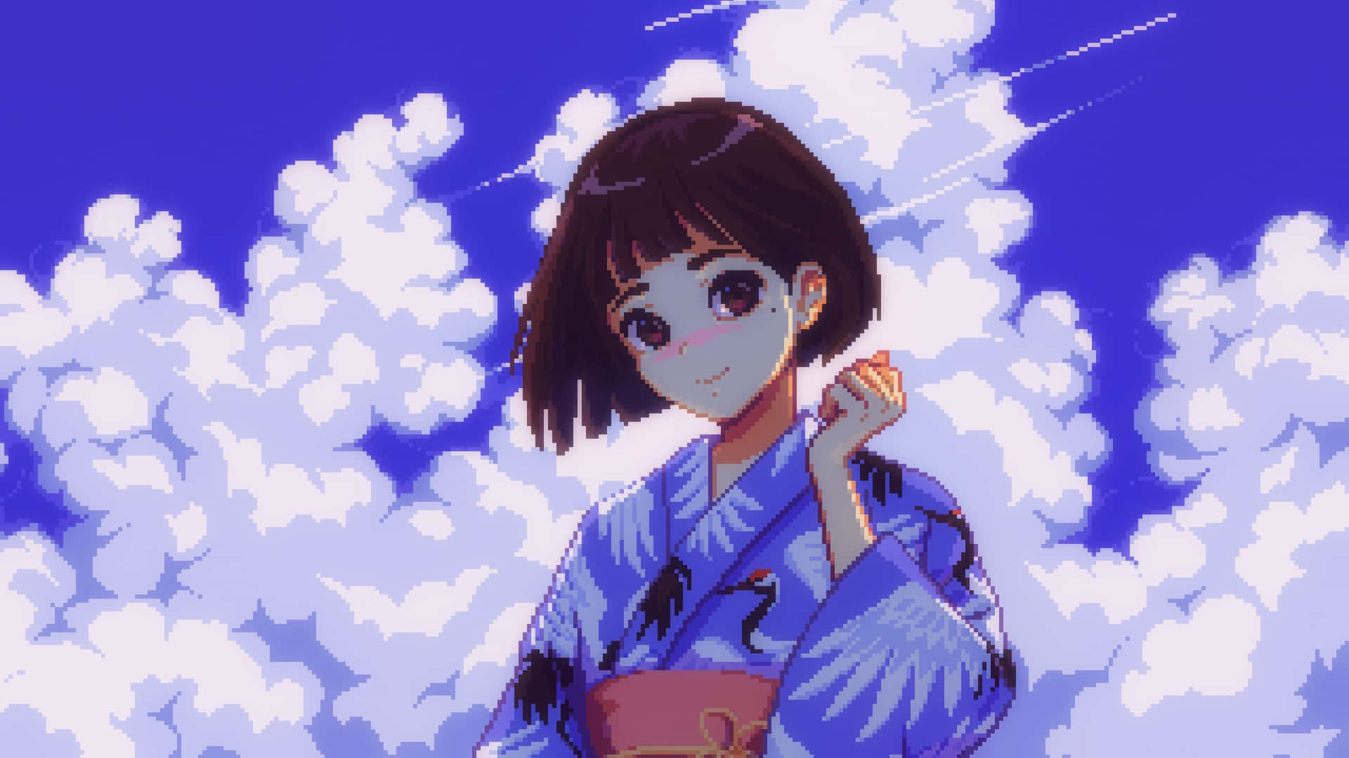  壁紙 — 一位穿著藍色和服的像素藝術動漫女孩，在充滿蓬鬆白雲的鮮豔藍天下溫柔微笑。