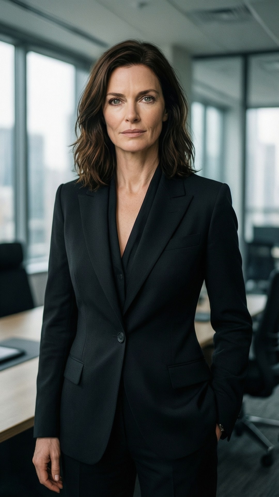 Power Suit 壁紙 — 一位穿著俐落黑色西裝的優雅女性，自信地站在一間擁有大型窗戶和城市景觀的現代辦公室中。
