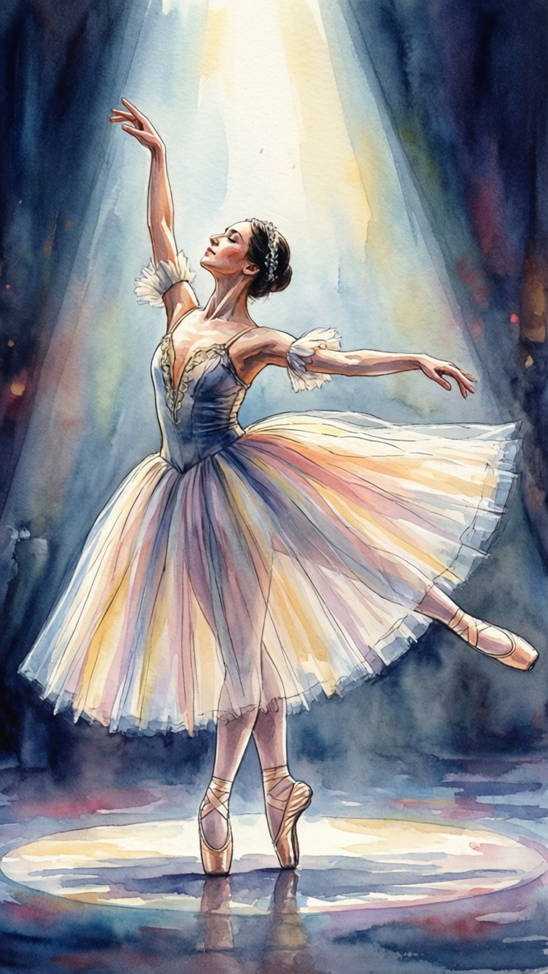 Watercolor Ballerina 壁紙 — 一位穿著飄逸粉彩芭蕾舞裙的芭蕾舞者在黑暗舞台上，於戲劇性聚光燈下踮起腳尖跳舞。
