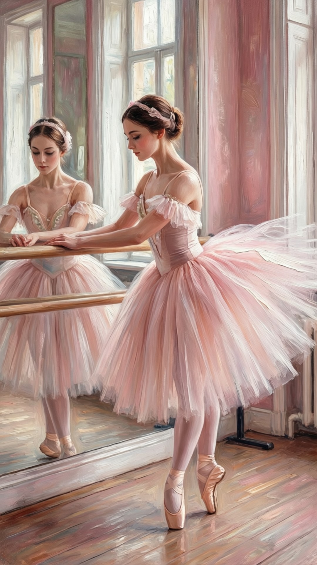 Ballet Practice Grace 壁紙 — 一位穿著柔軟粉紅色芭蕾舞裙的芭蕾舞者，在陽光充足的練習室中優雅地站在扶桿旁，她的倒影映在大窗戶上。