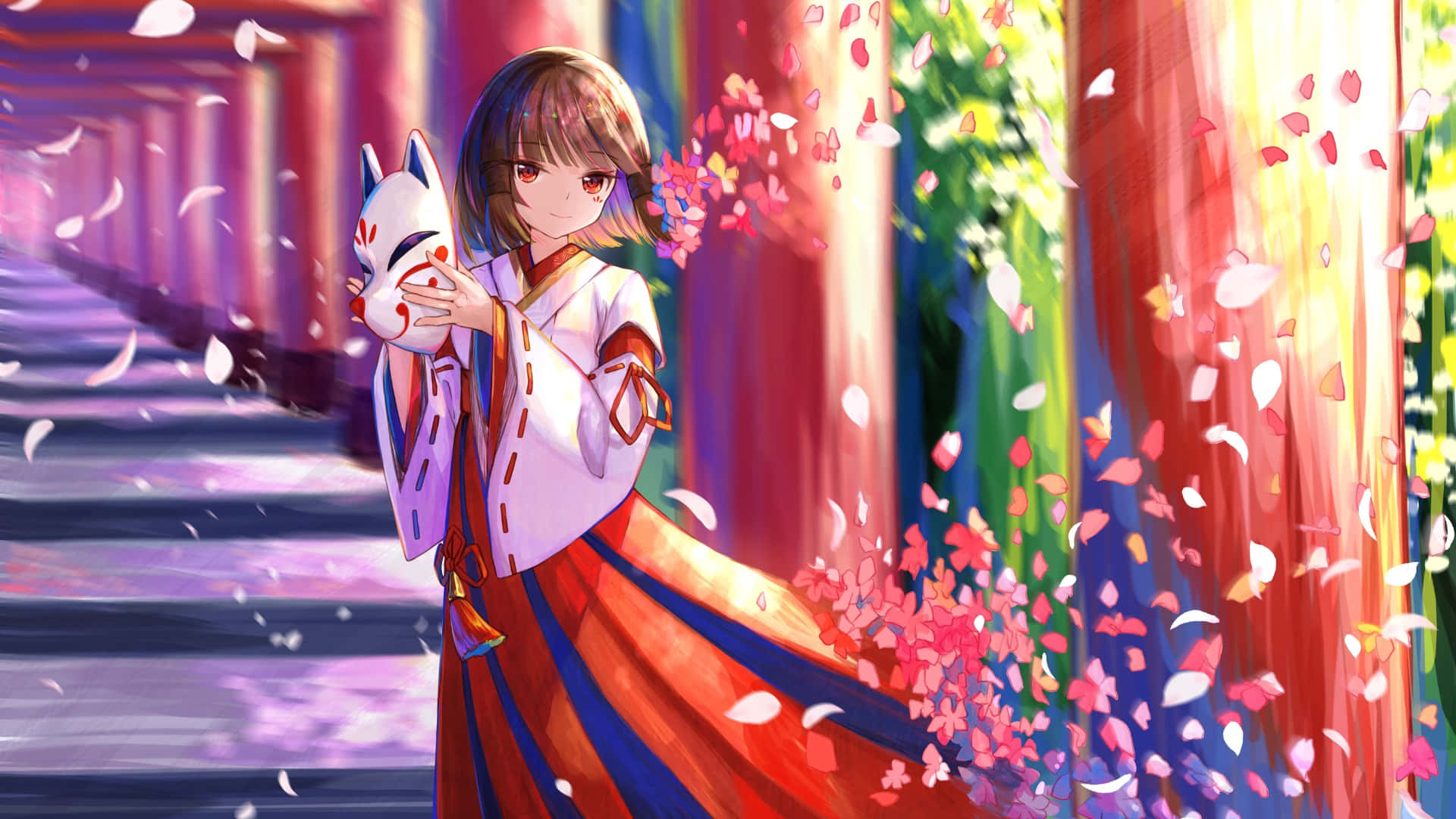  壁紙 — 一位穿著色彩繽紛和服的年輕動漫女孩，在充滿活力的寺廟走廊中，手持狐狸面具，櫻花飄落。