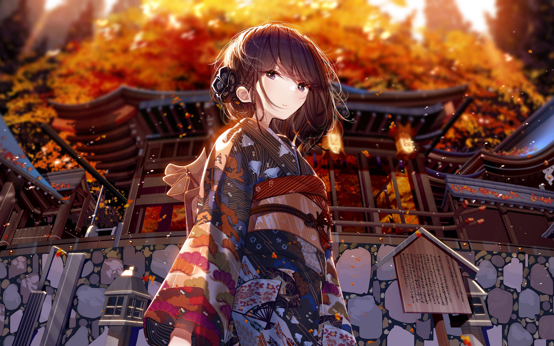 動漫女孩穿和服在秋天的神社，落葉飄飄 — 日本動漫 壁紙