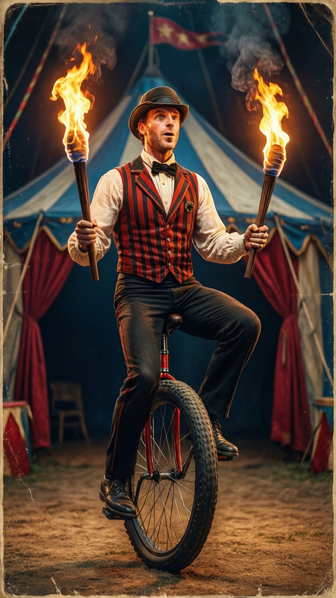 Juggler Flaming Torches 壁紙 — 一位穿著條紋背心的馬戲團表演者在馬戲團帳篷下踩著獨輪車，手持燃燒的火炬保持平衡。