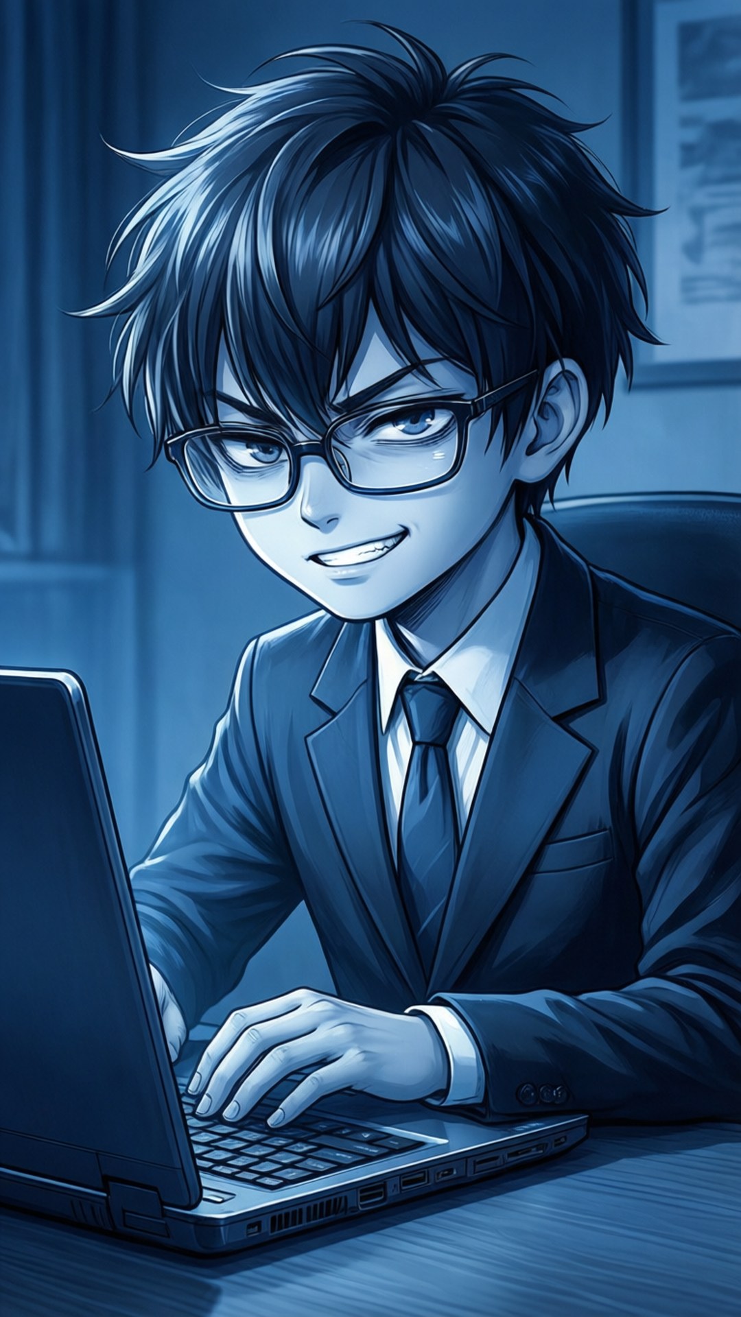 Anime Nerd Meme 壁紙 — 一位穿著西裝和眼鏡的年輕動漫男子在冷藍色辦公室燈光下微笑著打字。
