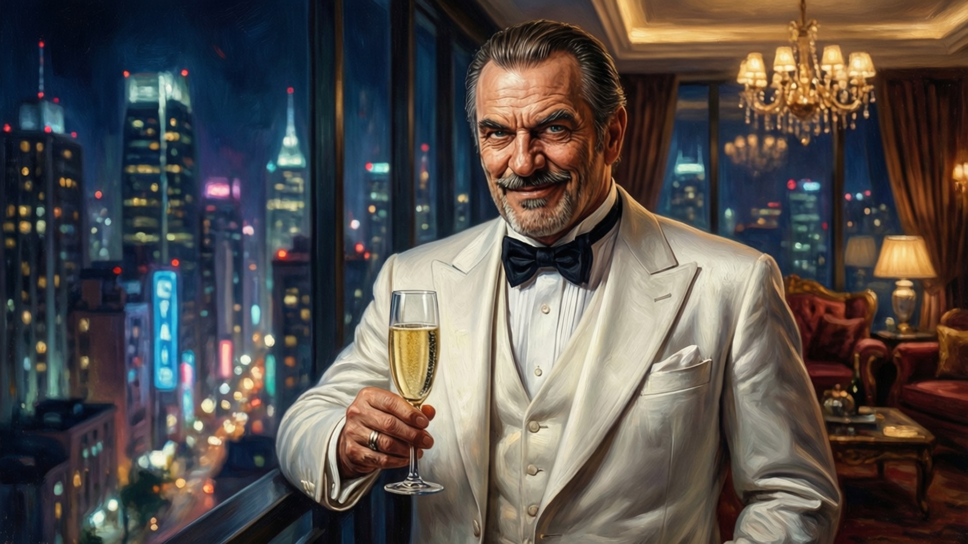 Ulysses Klaue 桌布 壁紙 — 一位穿著白色燕尾服的時尚年長男士，在俯瞰霓虹燈閃爍的繁華夜景的豪華頂層公寓中手持香檳杯。