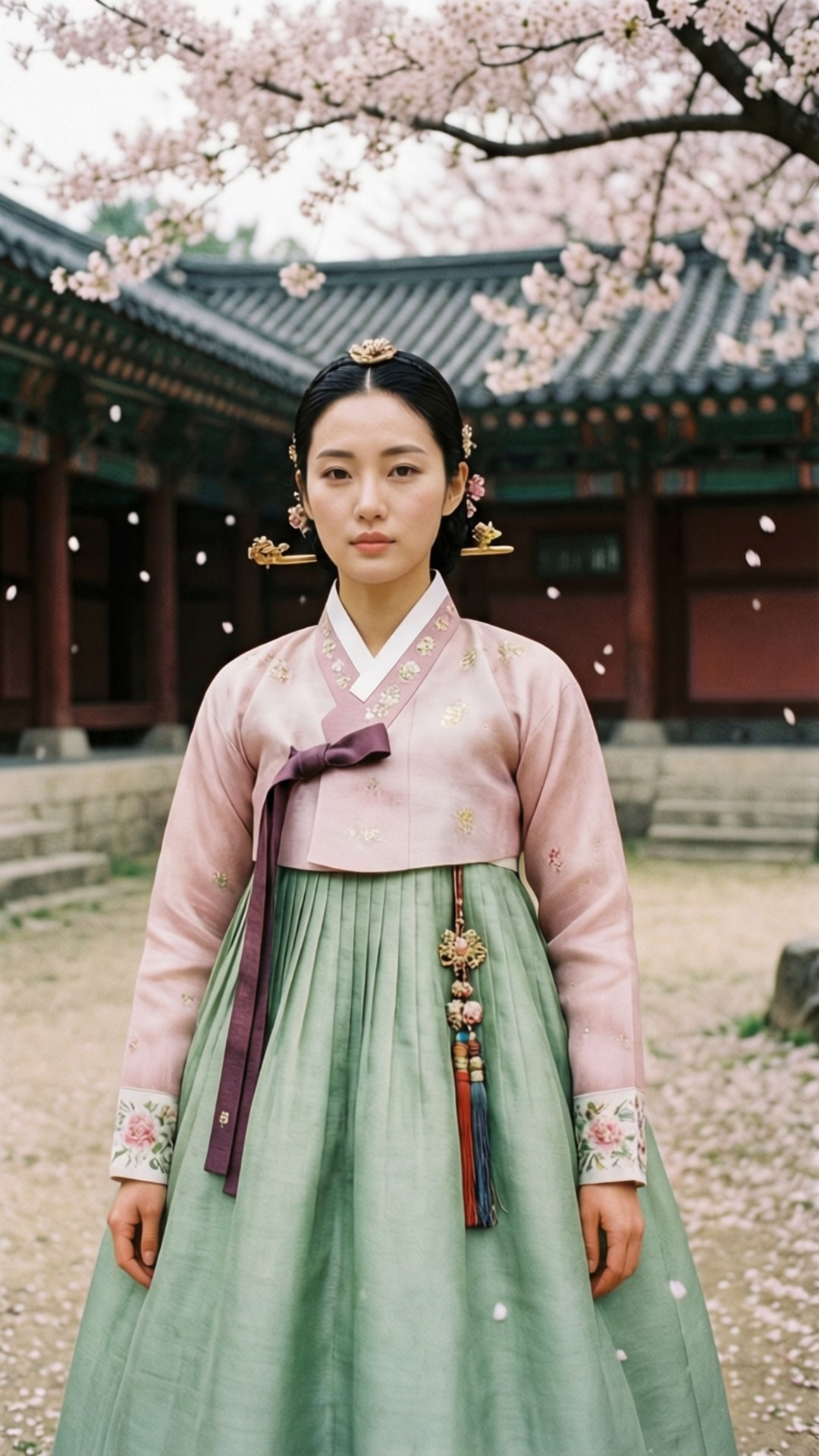 莉亞 桌布 壁紙 — 一位穿著傳統韓服的女士站在歷史庭院中盛開的櫻花下。