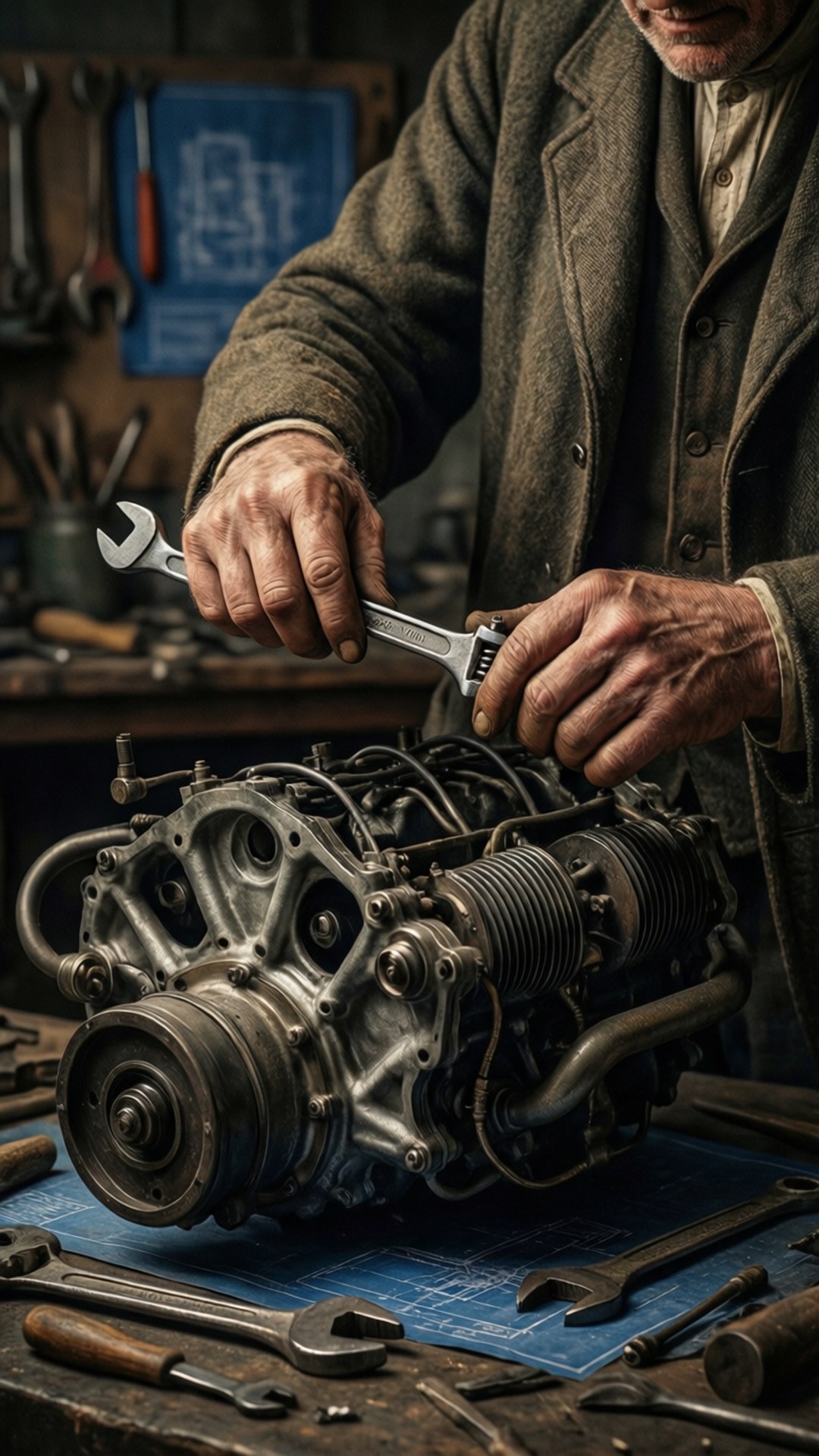 Henry Ford 桌布 壁紙 — 一位穿著粗花呢外套、飽經風霜的機械師正在用扳手調整一張鋪滿藍圖的工作台上的復古引擎。