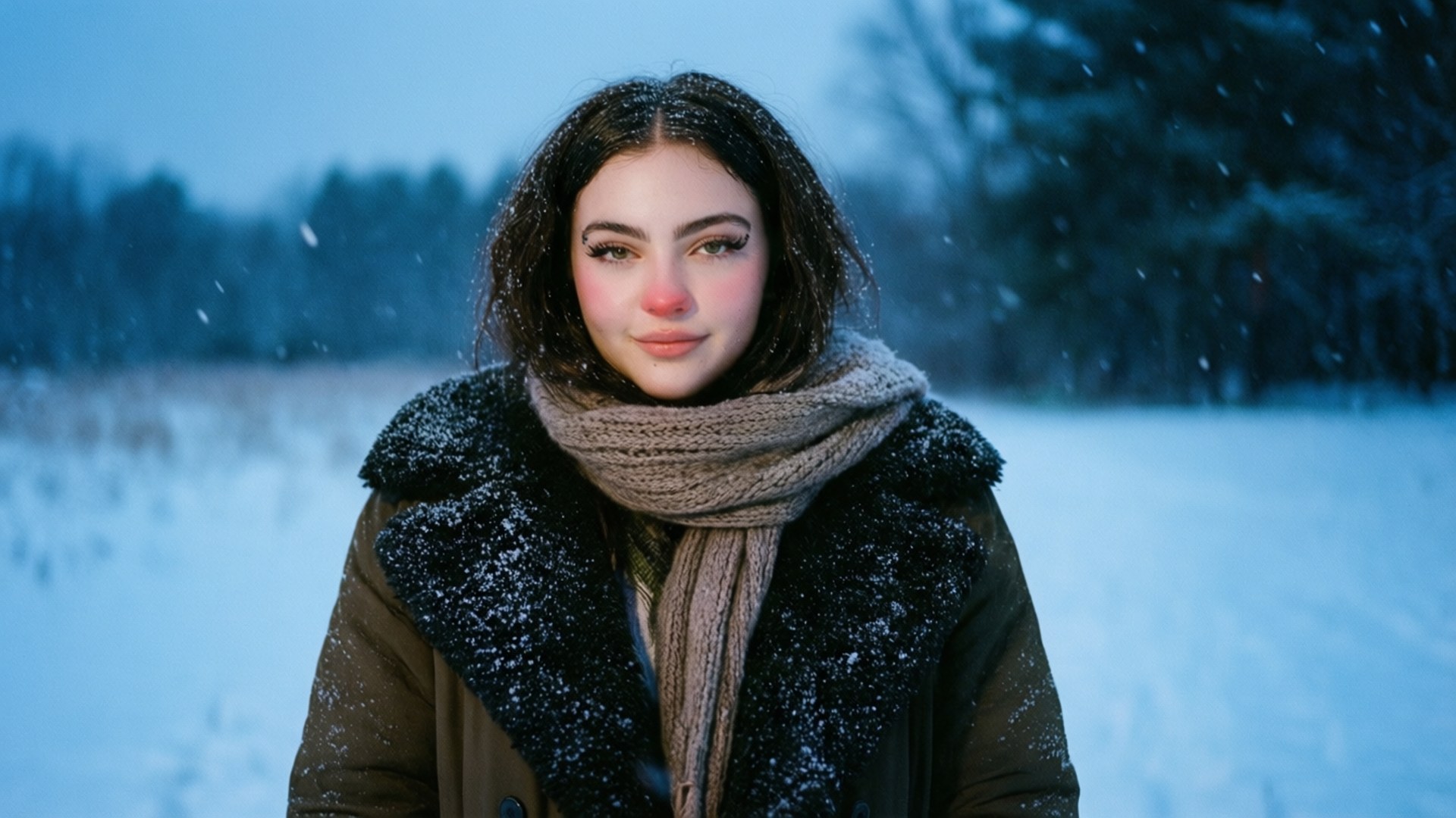 Lorde 桌布 壁紙 — 一位穿著冬季外套和圍巾的年輕女子站在雪地裡，雪花在她周圍飄落，背景是藍色的暮色天空。