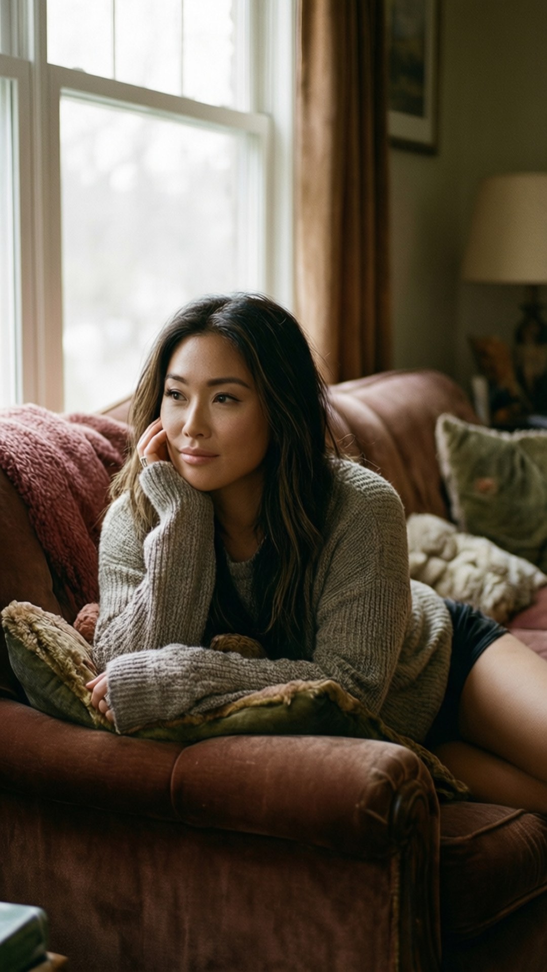 Cozy Home Session 壁紙 — 一位穿著舒適針織毛衣的女性，在明亮的窗邊，若有所思地坐在一張柔軟的棕色沙發上。