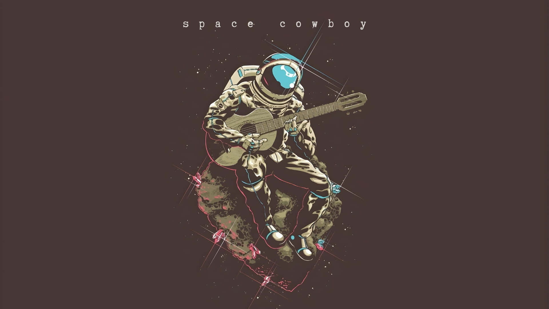  壁紙 — 一位穿著太空衣的太空牛仔坐在岩石小行星上，在星光燦爛的宇宙背景下彈奏吉他。