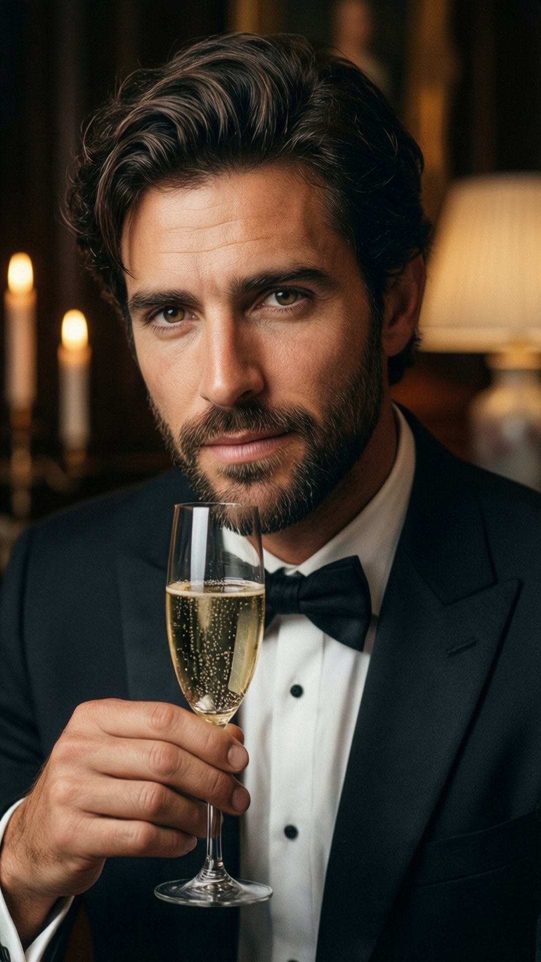 Champagne Elegance 壁紙 — 一位穿著燕尾服的英俊男士在溫暖燈光的優雅房間裡拿著一杯閃閃發光的香檳。