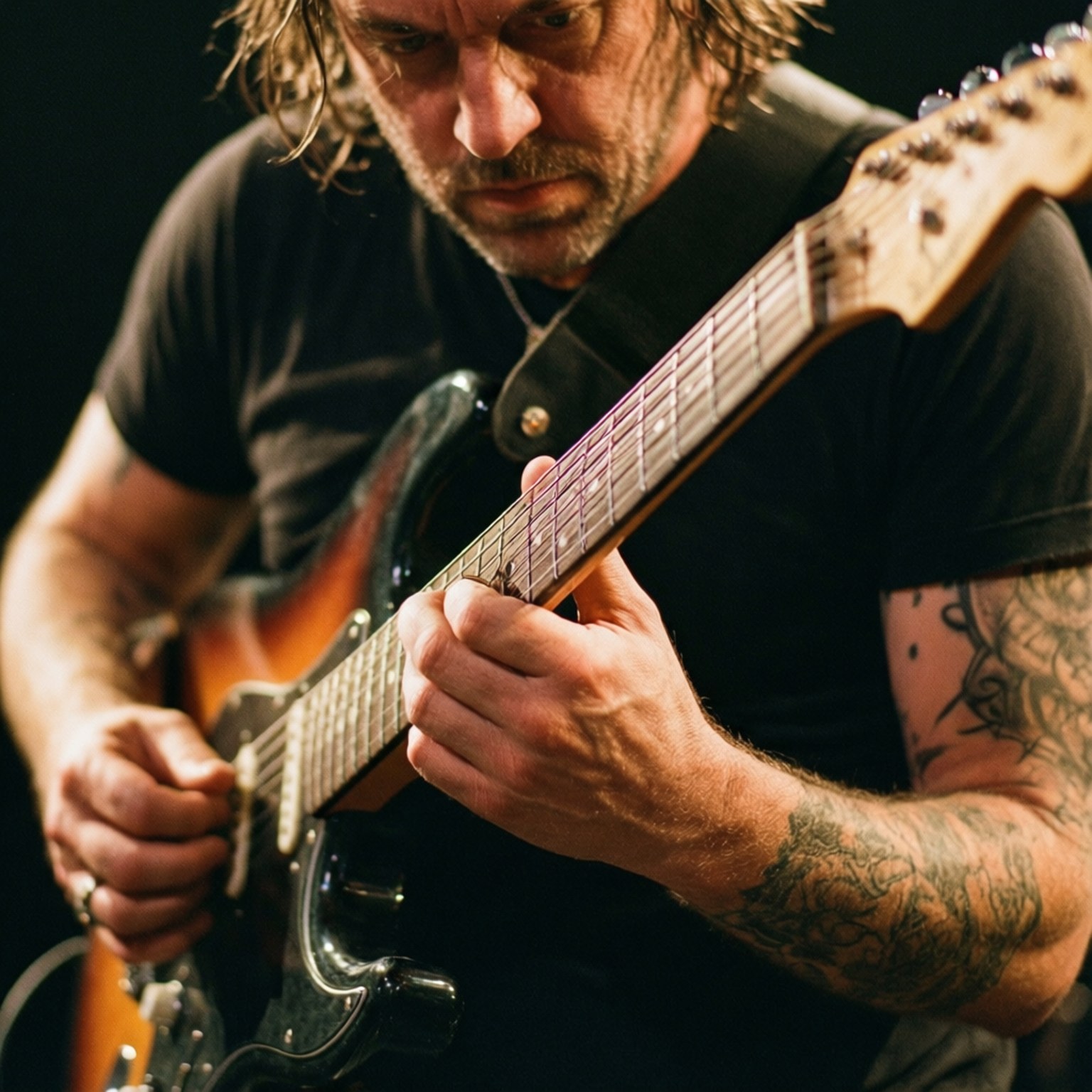Guitarist Closeup 壁紙 — 一位刺青吉他手在舞台燈光下激烈地彈奏一把旭日紋電吉他。